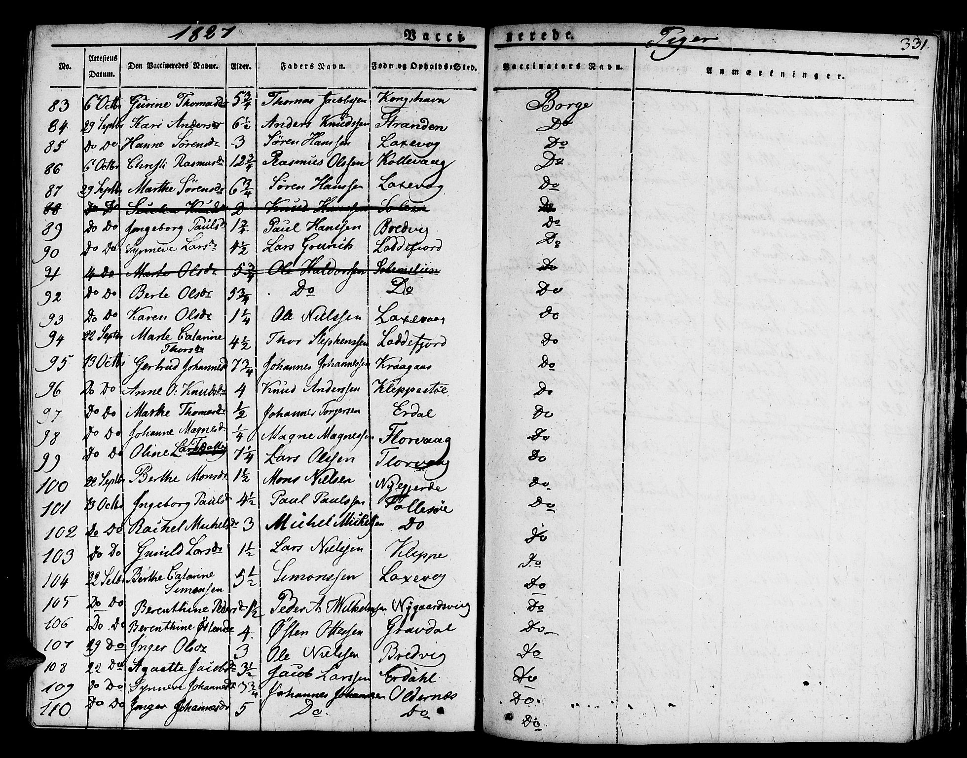 Askøy Sokneprestembete, SAB/A-74101/H/Ha/Haa/Haaa/L0004: Parish register (official) no. A 4, 1825-1845, p. 331