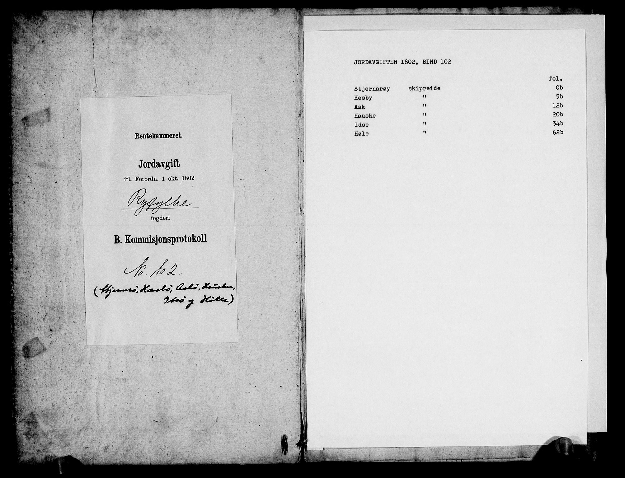 Rentekammeret inntil 1814, Realistisk ordnet avdeling, AV/RA-EA-4070/N/Ne/Nea/L0102: Ryfylke fogderi. Kommisjonsprotokoll for Sjernarøy, Hesby, Askøy, Hausken, Idse og Høle skipreider, 1803, p. 1