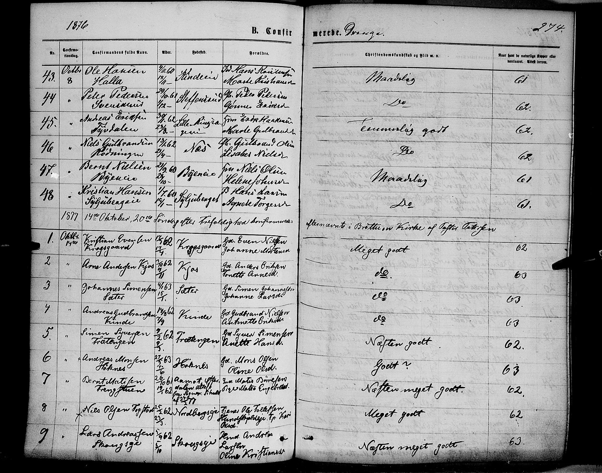 Ringsaker prestekontor, AV/SAH-PREST-014/K/Ka/L0011: Parish register (official) no. 11, 1870-1878, p. 274