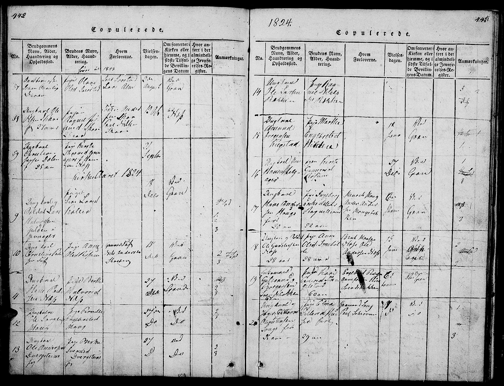 Gran prestekontor, SAH/PREST-112/H/Ha/Hab/L0001: Parish register (copy) no. 1, 1815-1824, p. 442-443