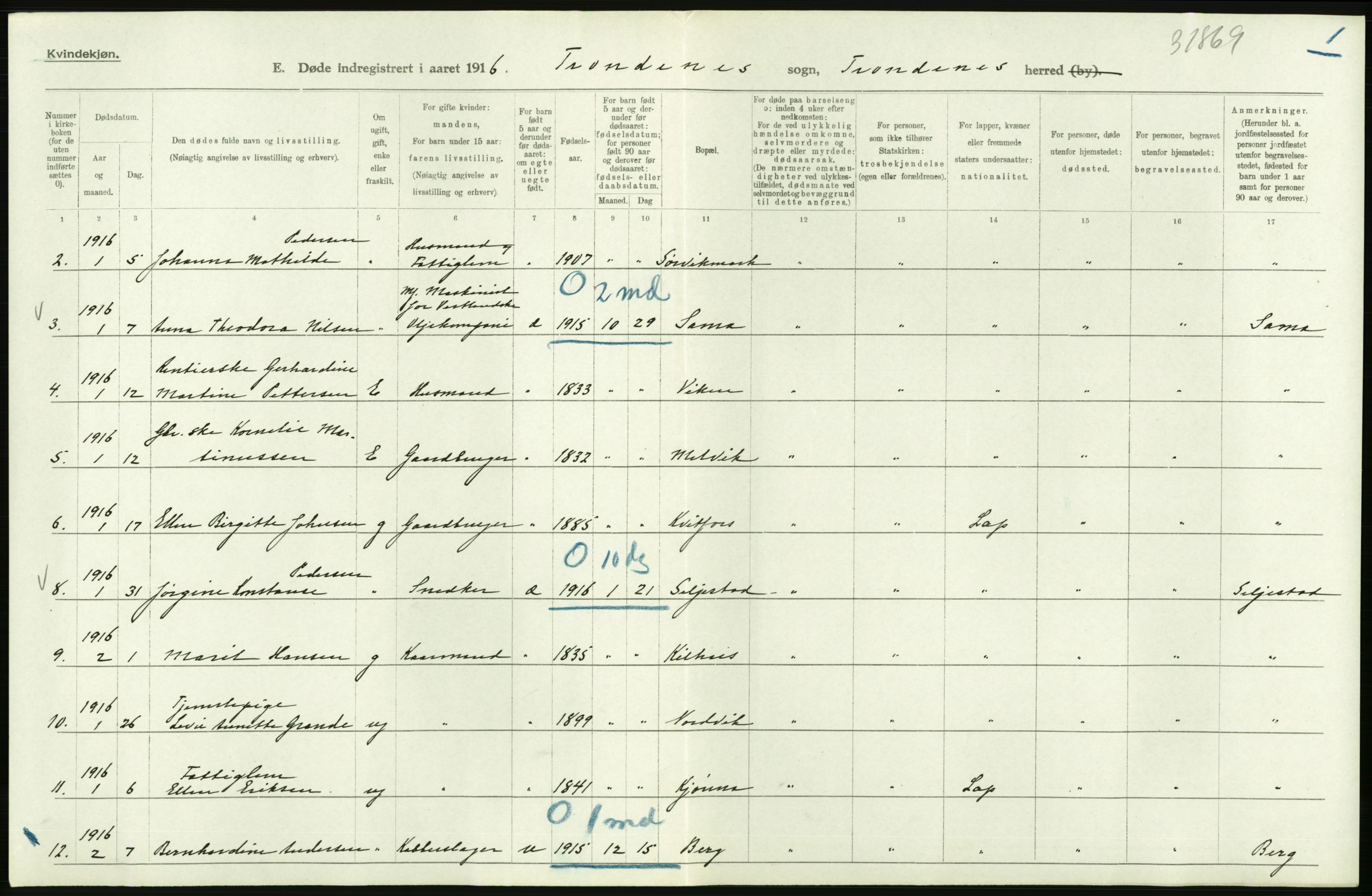 Statistisk sentralbyrå, Sosiodemografiske emner, Befolkning, RA/S-2228/D/Df/Dfb/Dfbf/L0054: Tromsø amt: Gifte, døde, dødfødte. Bygder og byer., 1916, p. 340