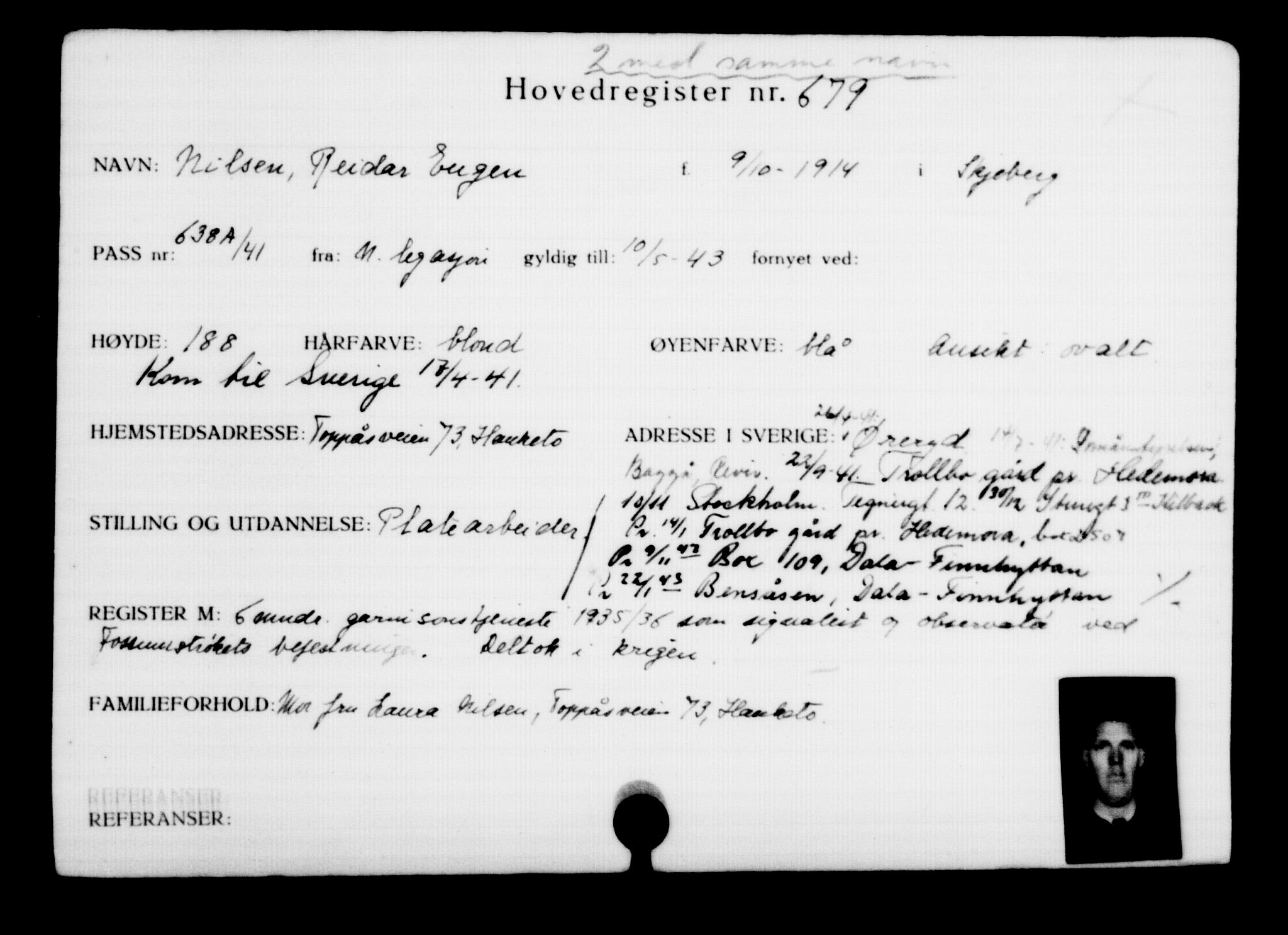 Utenriksstasjonene, Legasjonen i Stockholm, Flyktningkontoret, AV/RA-S-6753/V/Va/L0001: Kjesäterkartoteket, flyktninger med registreringsnr. 1-1000, 1940-1945, p. 1064