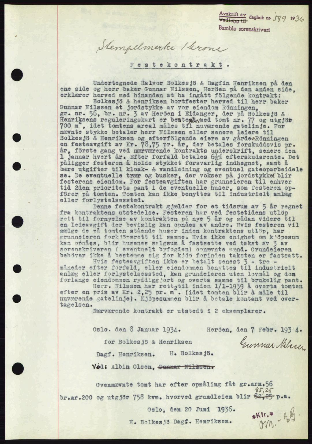 Bamble sorenskriveri, AV/SAKO-A-214/G/Ga/Gag/L0001: Mortgage book no. A-1, 1936-1937, Diary no: : 589/1936