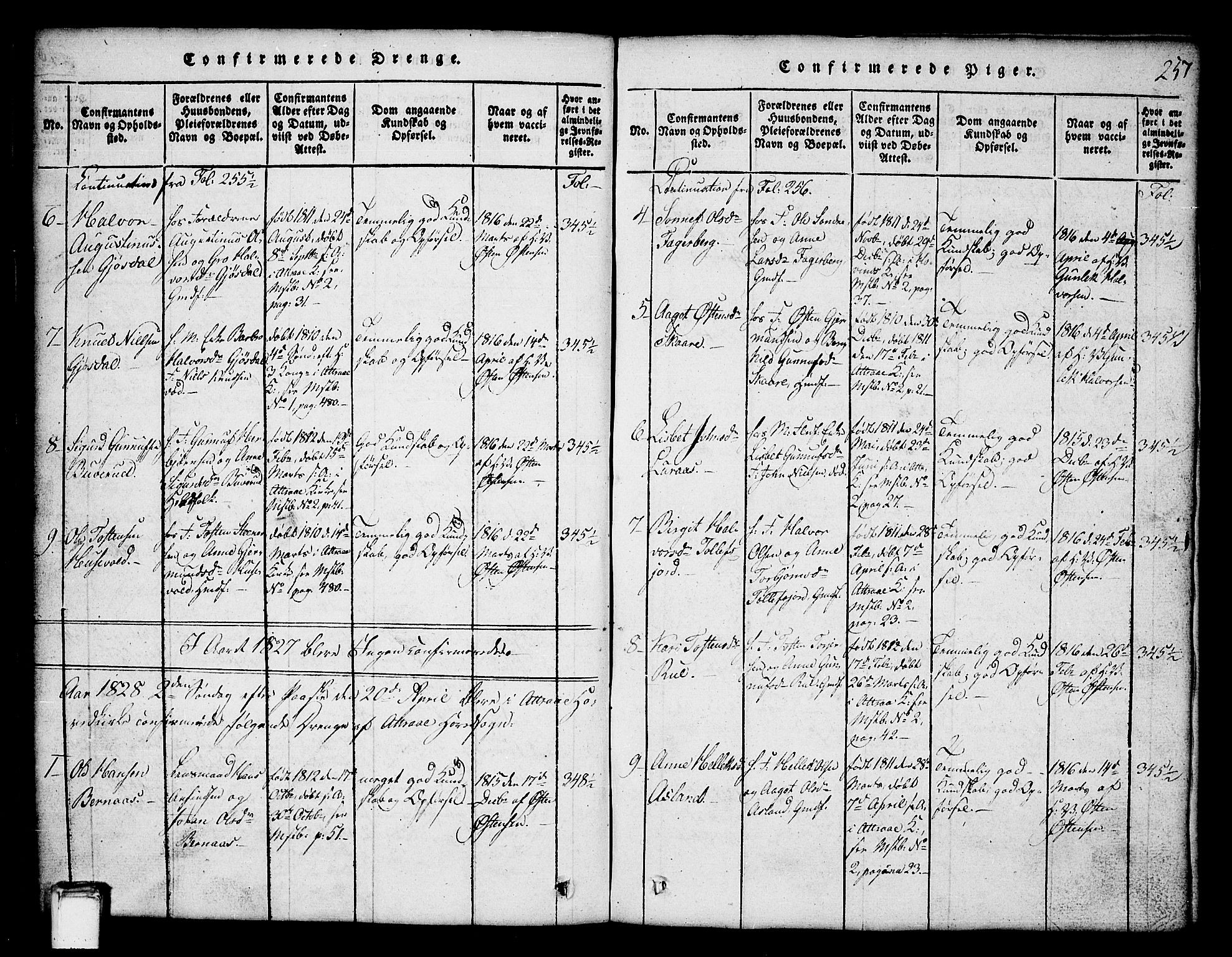 Tinn kirkebøker, SAKO/A-308/G/Ga/L0001: Parish register (copy) no. I 1, 1815-1850, p. 257