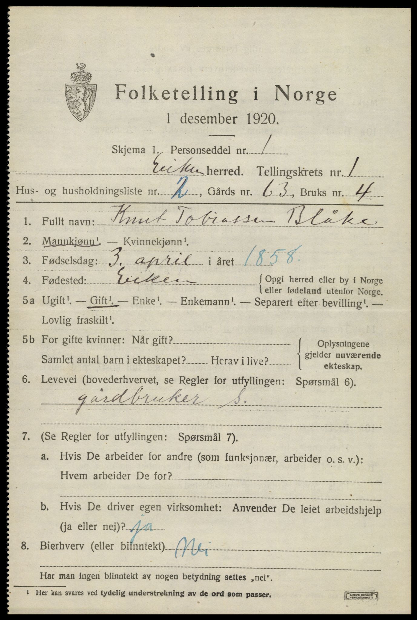 SAK, 1920 census for Eiken, 1920, p. 445