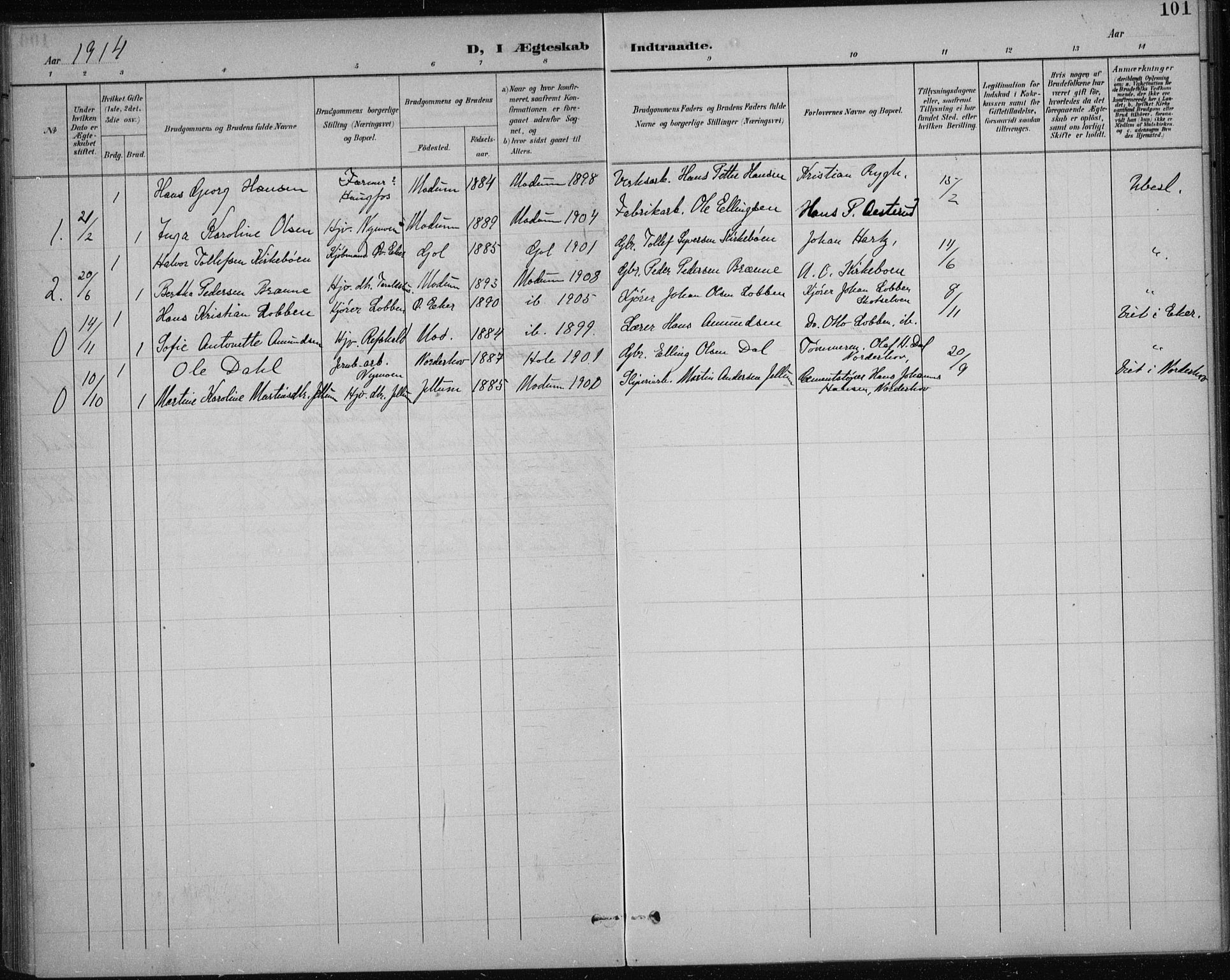 Modum kirkebøker, AV/SAKO-A-234/F/Fa/L0017: Parish register (official) no. 17, 1900-1915, p. 101