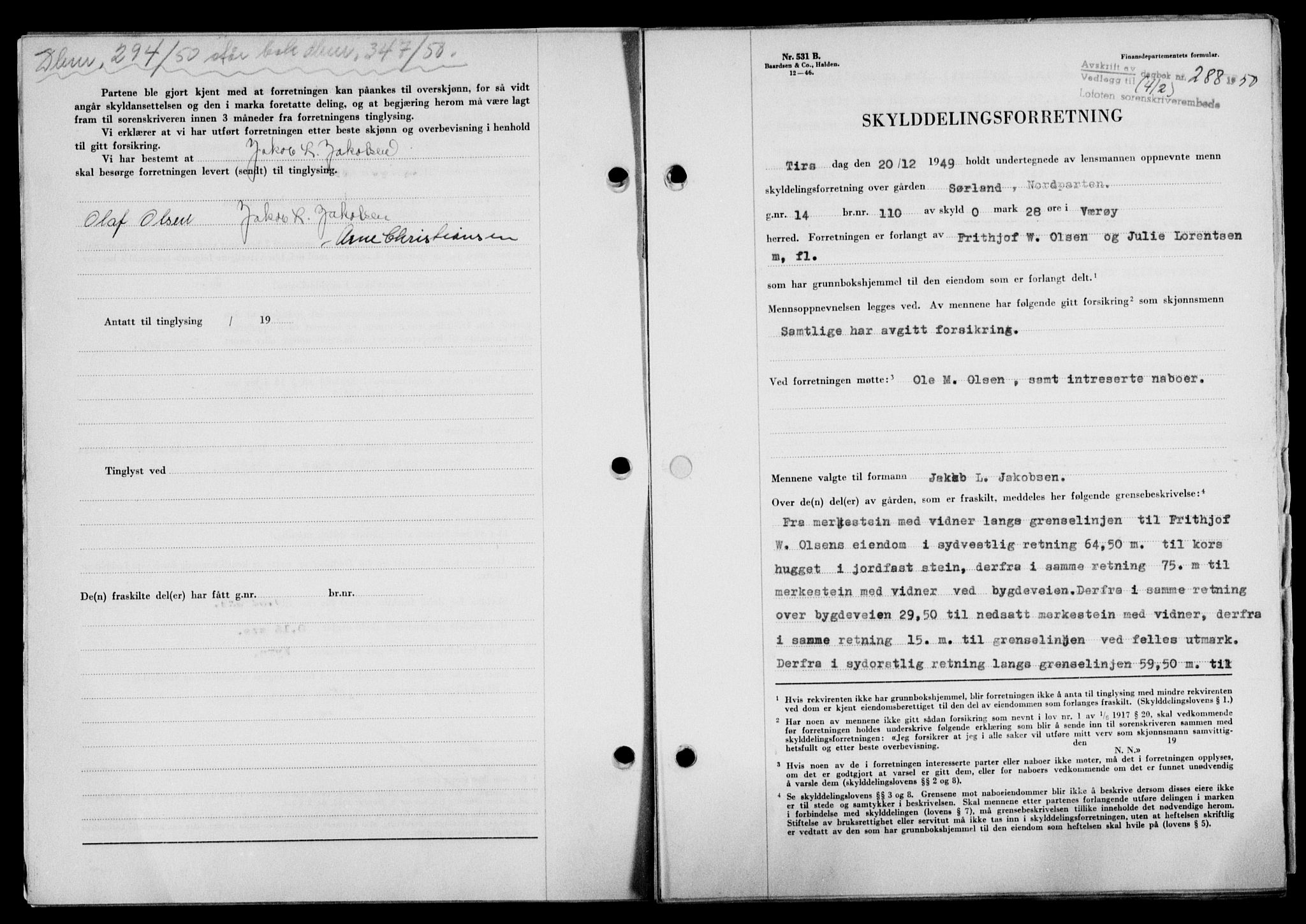 Lofoten sorenskriveri, SAT/A-0017/1/2/2C/L0023a: Mortgage book no. 23a, 1950-1950, Diary no: : 288/1950