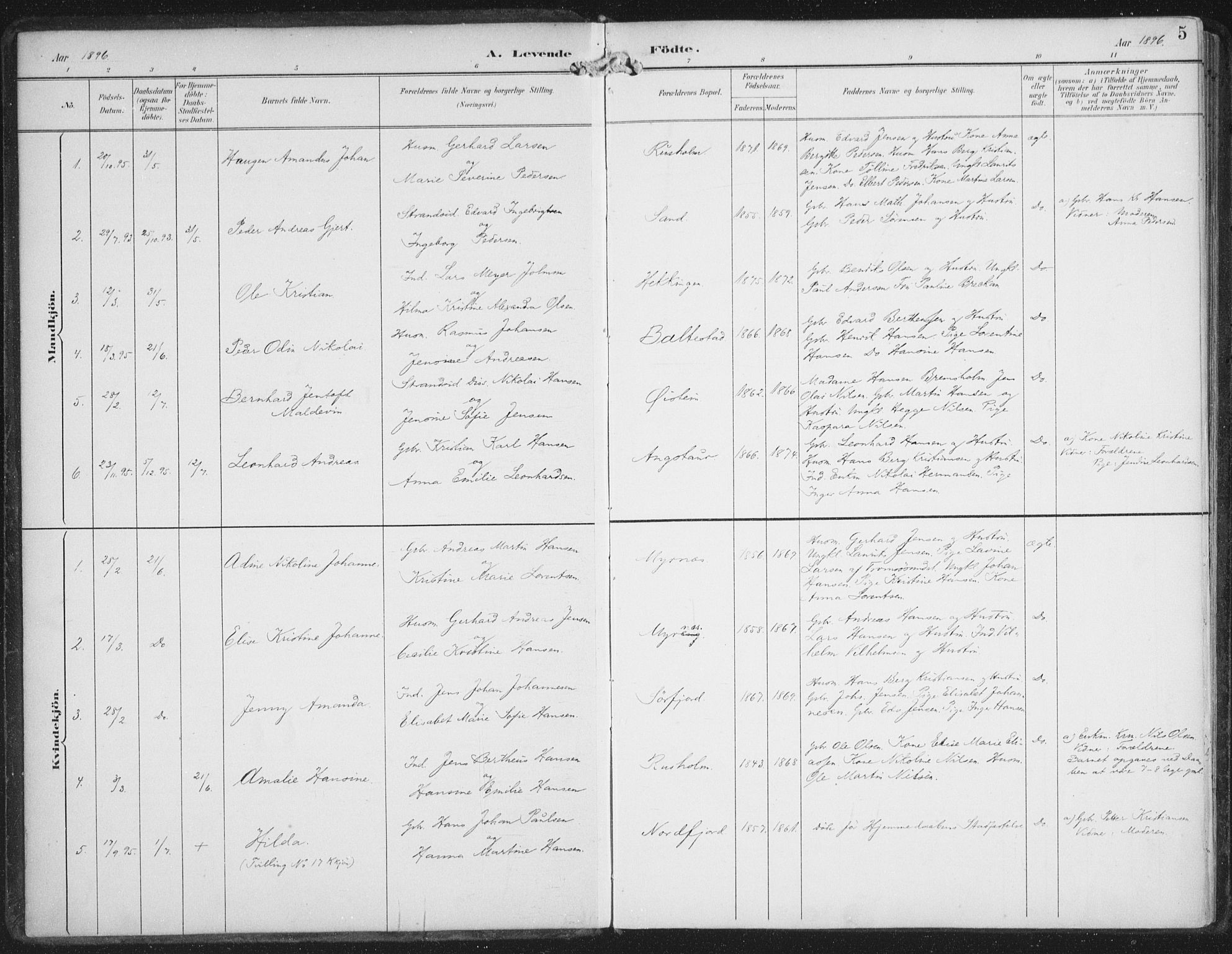 Lenvik sokneprestembete, SATØ/S-1310/H/Ha/Haa/L0015kirke: Parish register (official) no. 15, 1896-1915, p. 5