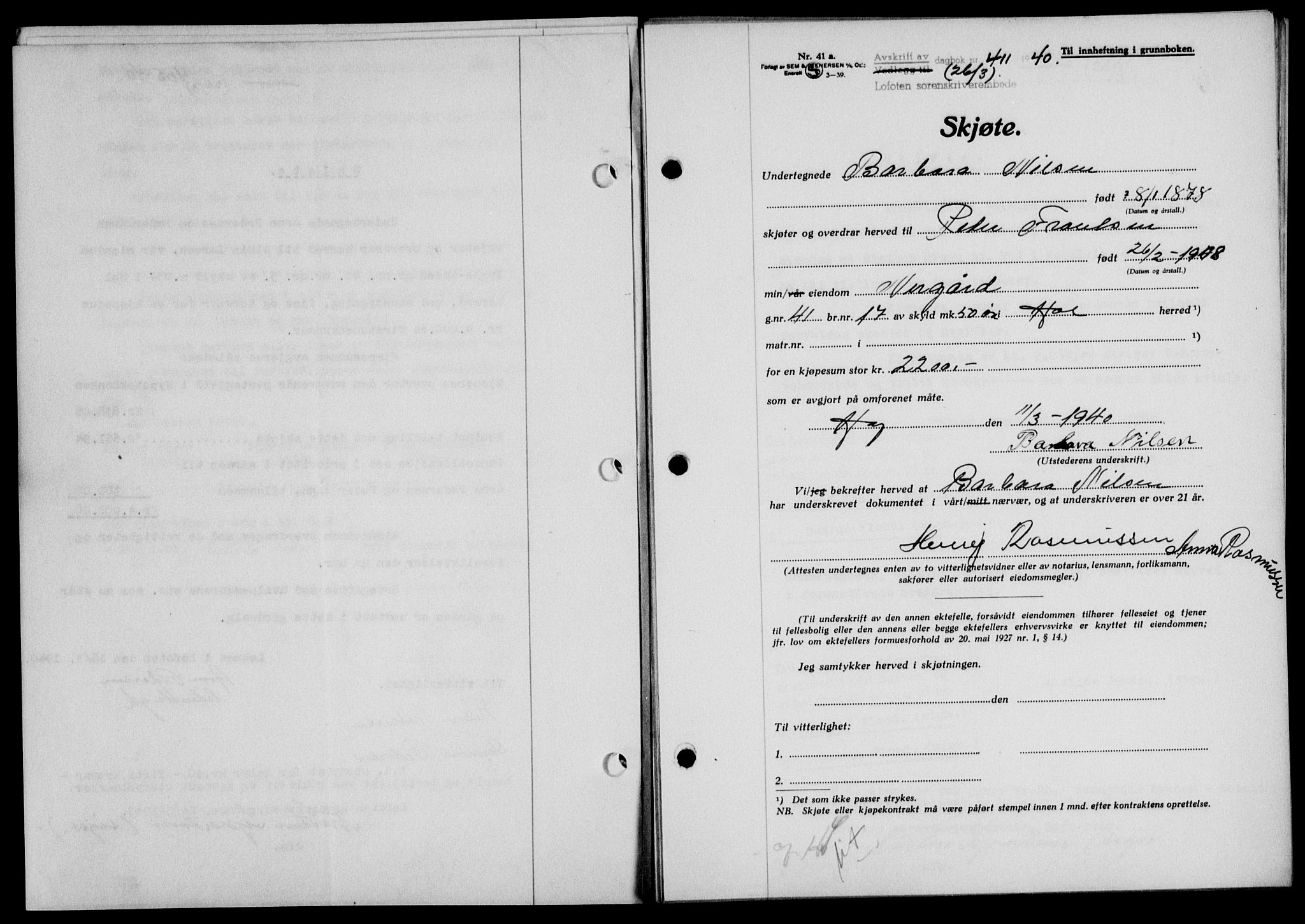 Lofoten sorenskriveri, SAT/A-0017/1/2/2C/L0007a: Mortgage book no. 7a, 1939-1940, Diary no: : 411/1940