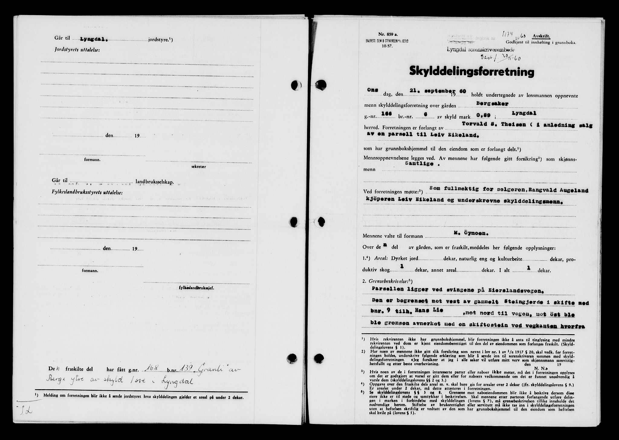 Lyngdal sorenskriveri, AV/SAK-1221-0004/G/Gb/L0680: Mortgage book no. A XXVI, 1960-1960, Diary no: : 1174/1960