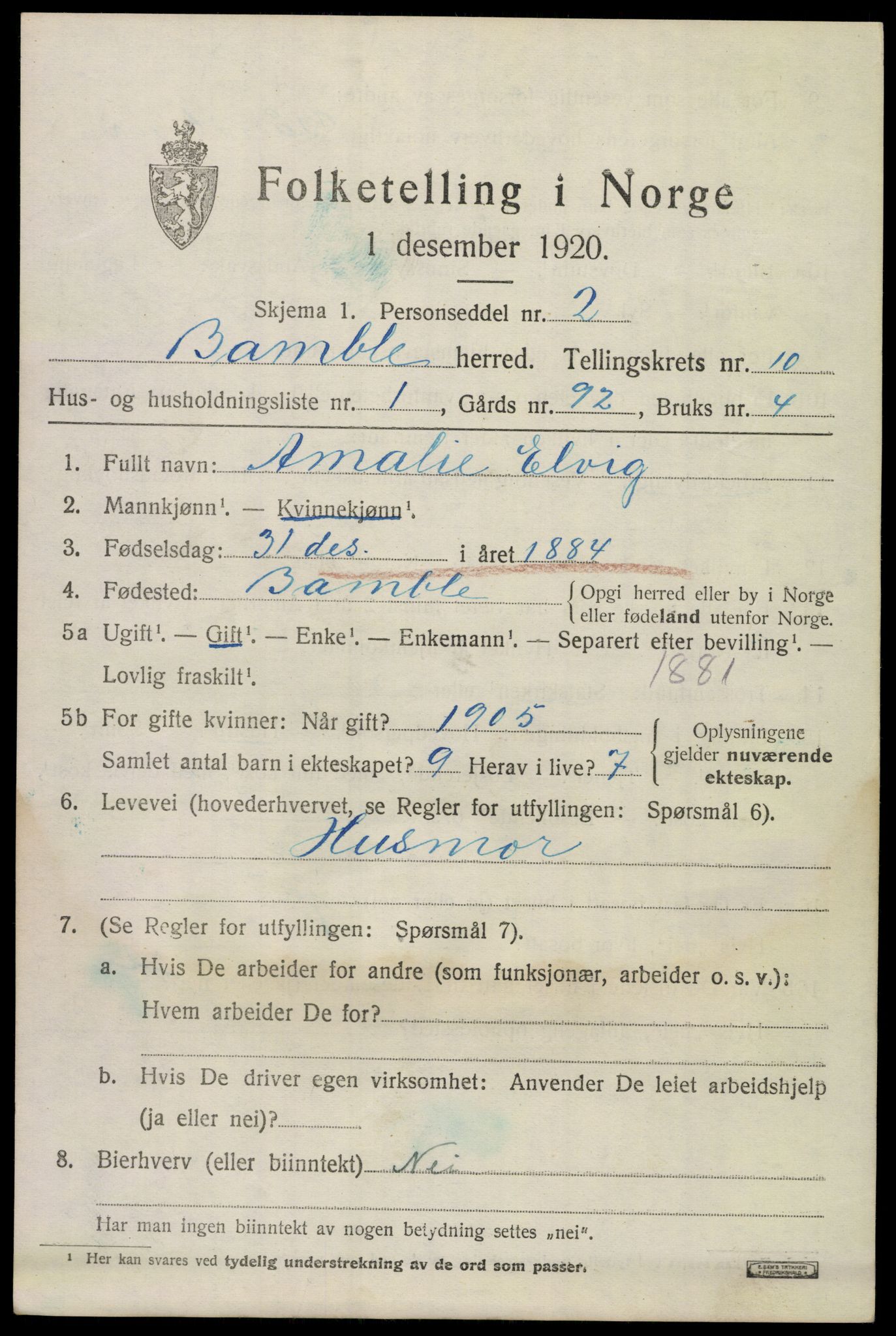 SAKO, 1920 census for Bamble, 1920, p. 8325