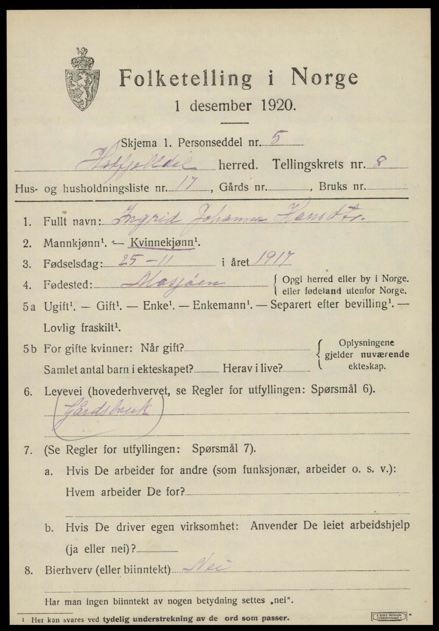 SAT, 1920 census for Hattfjelldal, 1920, p. 2118