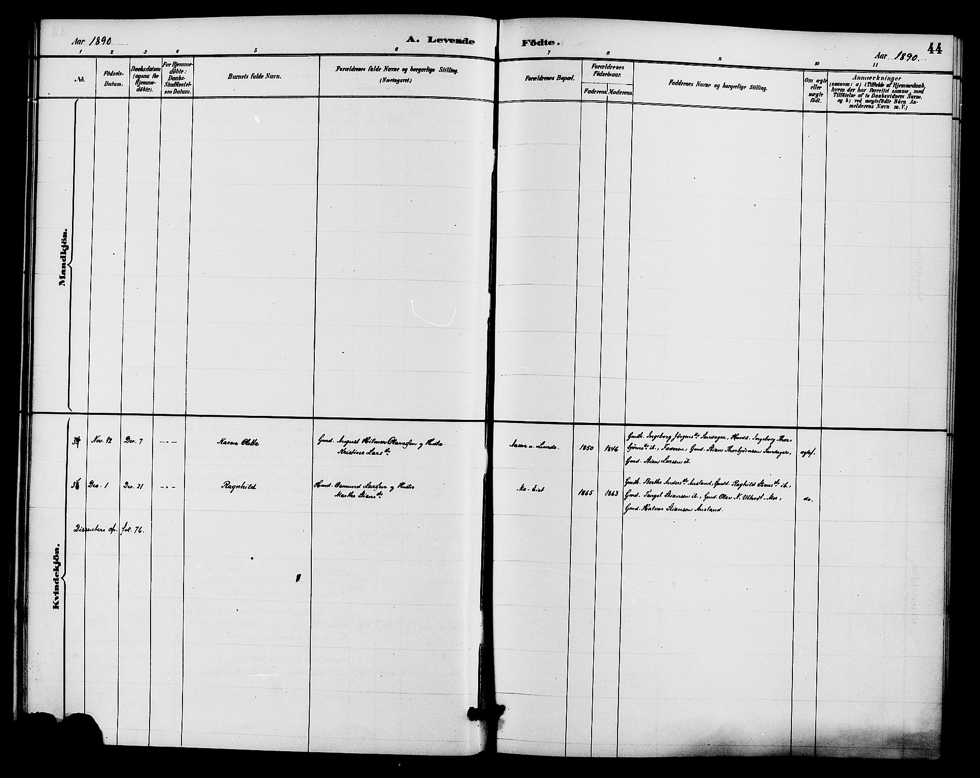 Gjerstad sokneprestkontor, AV/SAK-1111-0014/F/Fa/Faa/L0009: Parish register (official) no. A 9, 1885-1890, p. 44