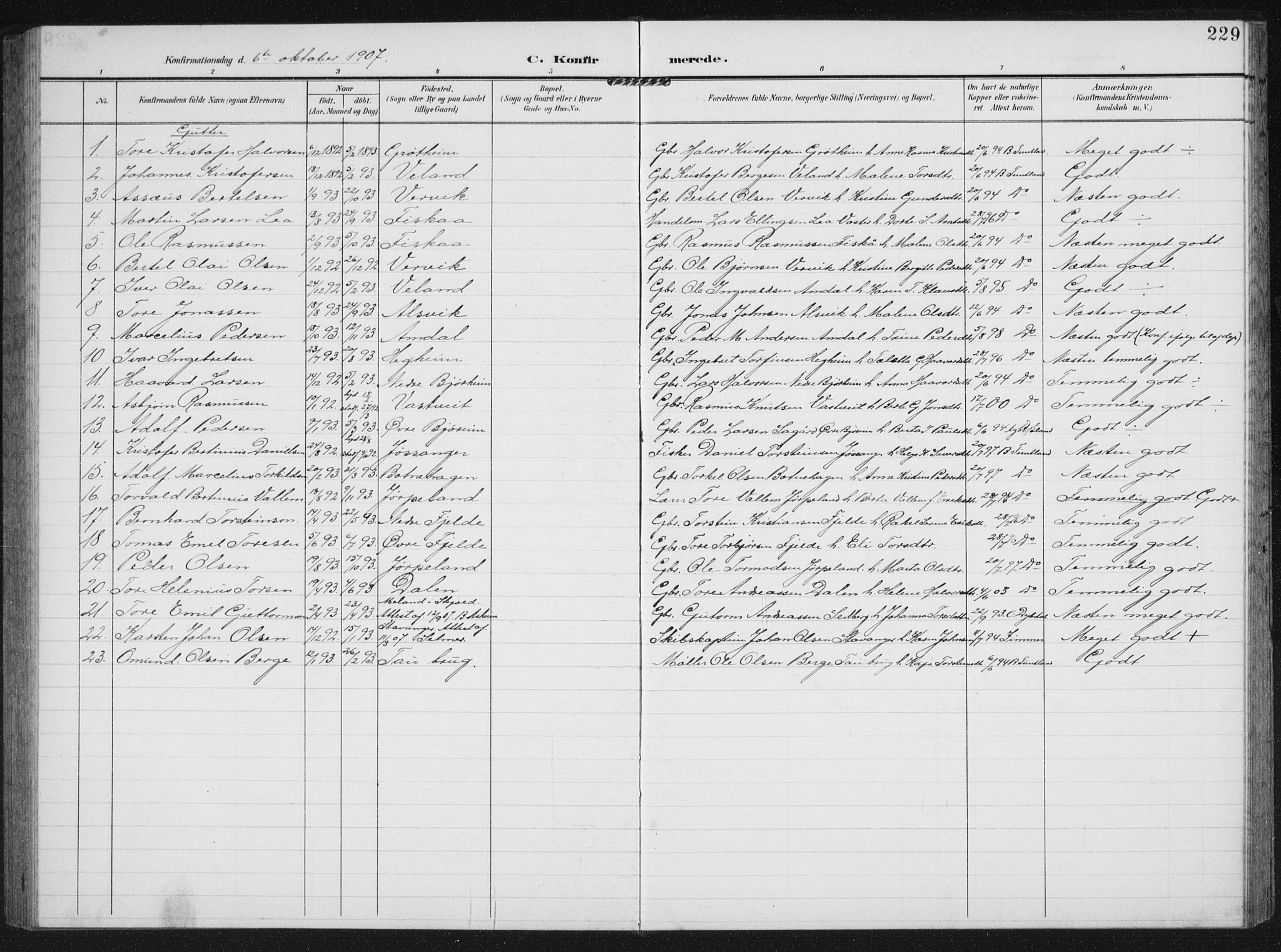 Strand sokneprestkontor, AV/SAST-A-101828/H/Ha/Hab/L0005: Parish register (copy) no. B 5, 1904-1934, p. 229