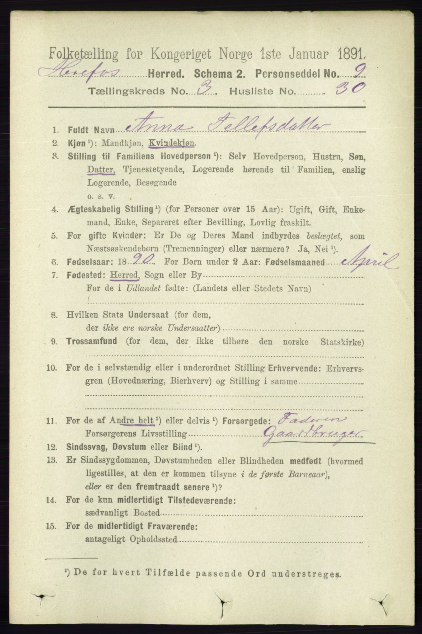 RA, 1891 census for 0933 Herefoss, 1891, p. 763