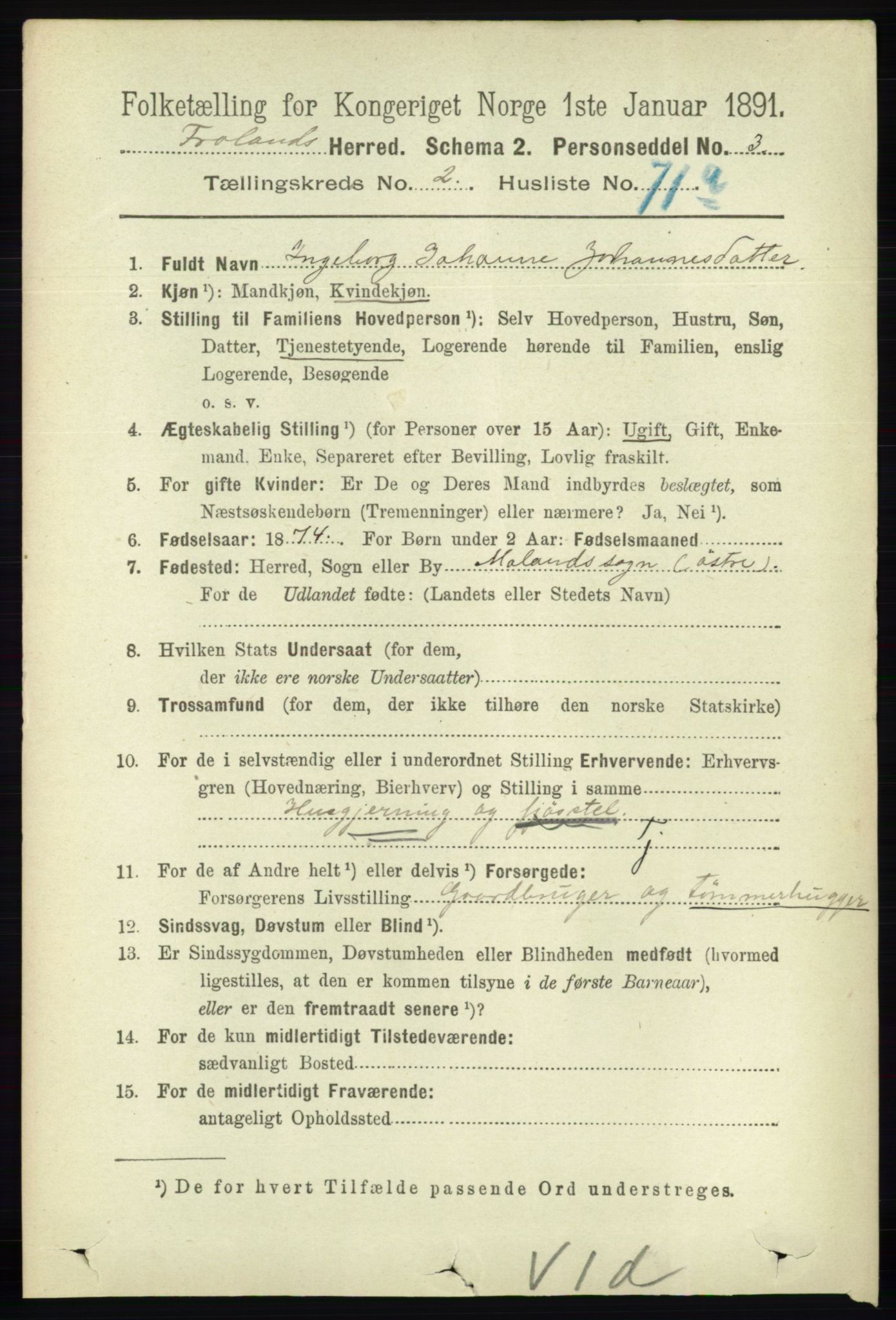 RA, 1891 census for 0919 Froland, 1891, p. 952