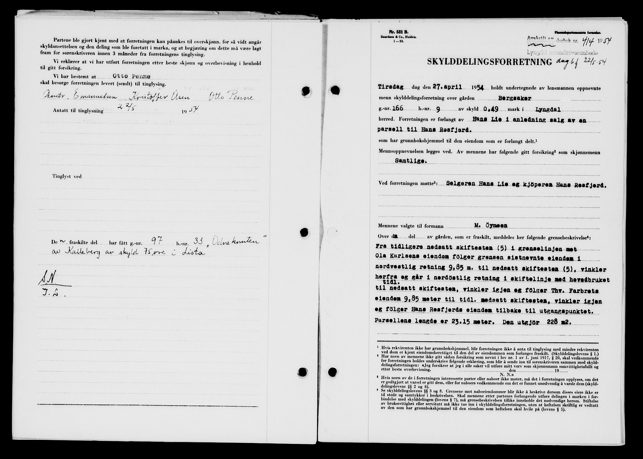 Lyngdal sorenskriveri, AV/SAK-1221-0004/G/Gb/L0670: Mortgage book no. A XVI, 1954-1954, Diary no: : 414/1954