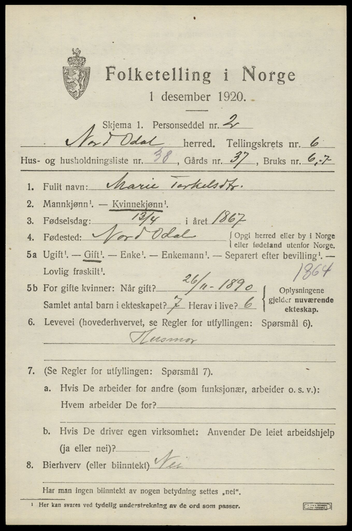 SAH, 1920 census for Nord-Odal, 1920, p. 7023