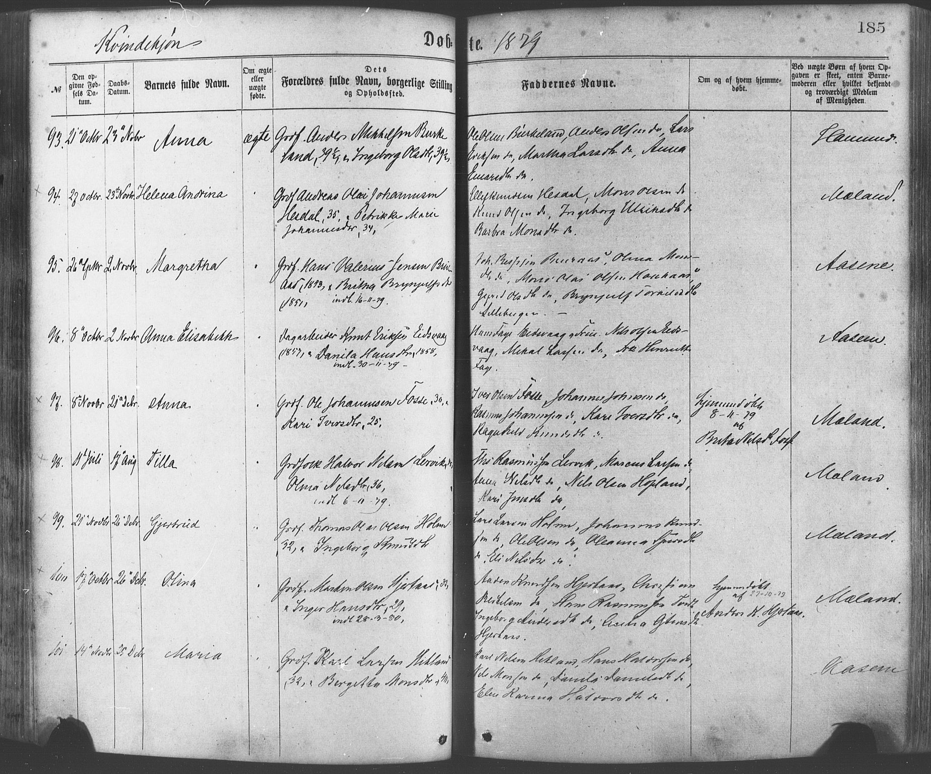 Hamre sokneprestembete, AV/SAB-A-75501/H/Ha/Haa/Haaa/L0015: Parish register (official) no. A 15, 1870-1881, p. 185