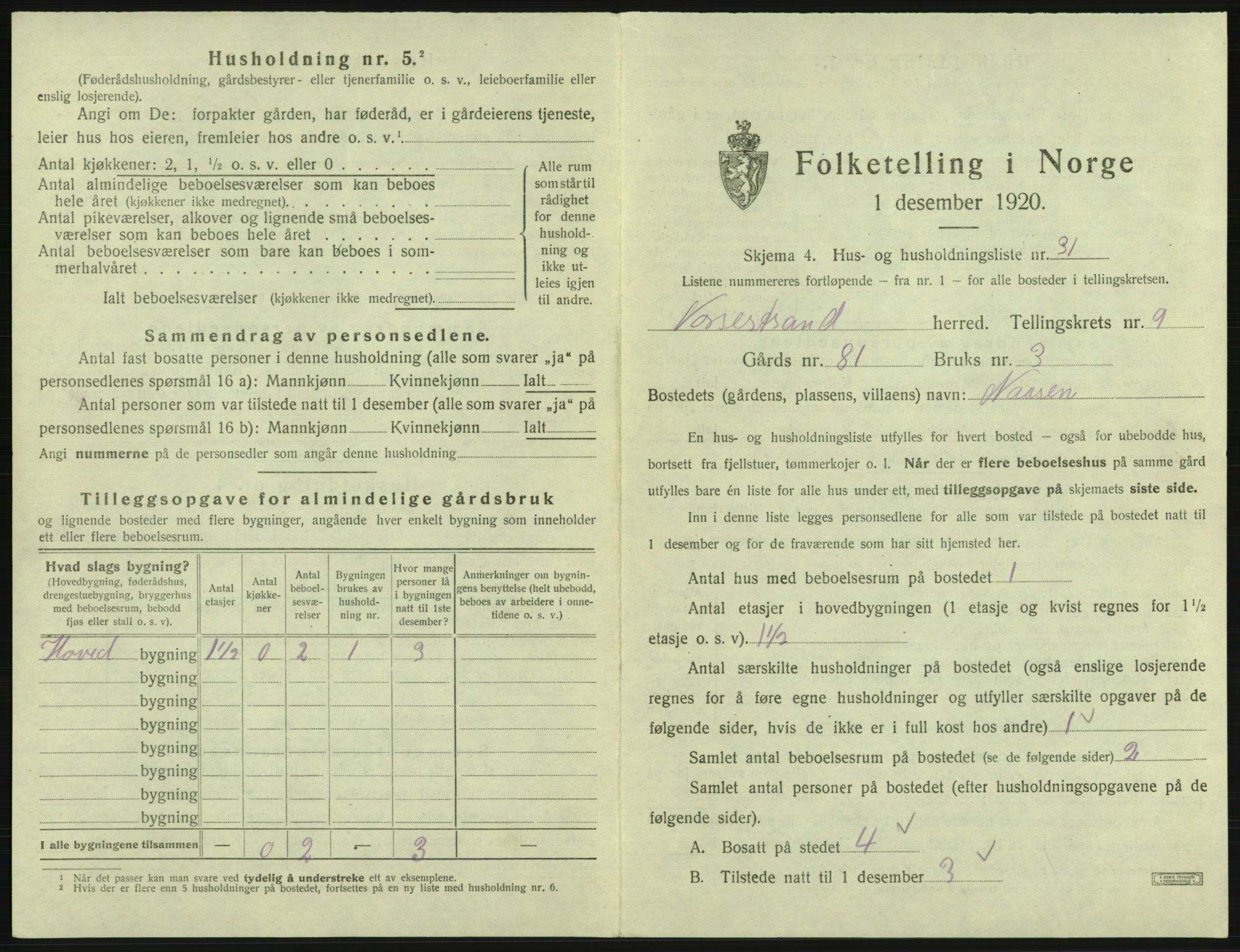 SAB, 1920 census for Vossestrand, 1920, p. 654