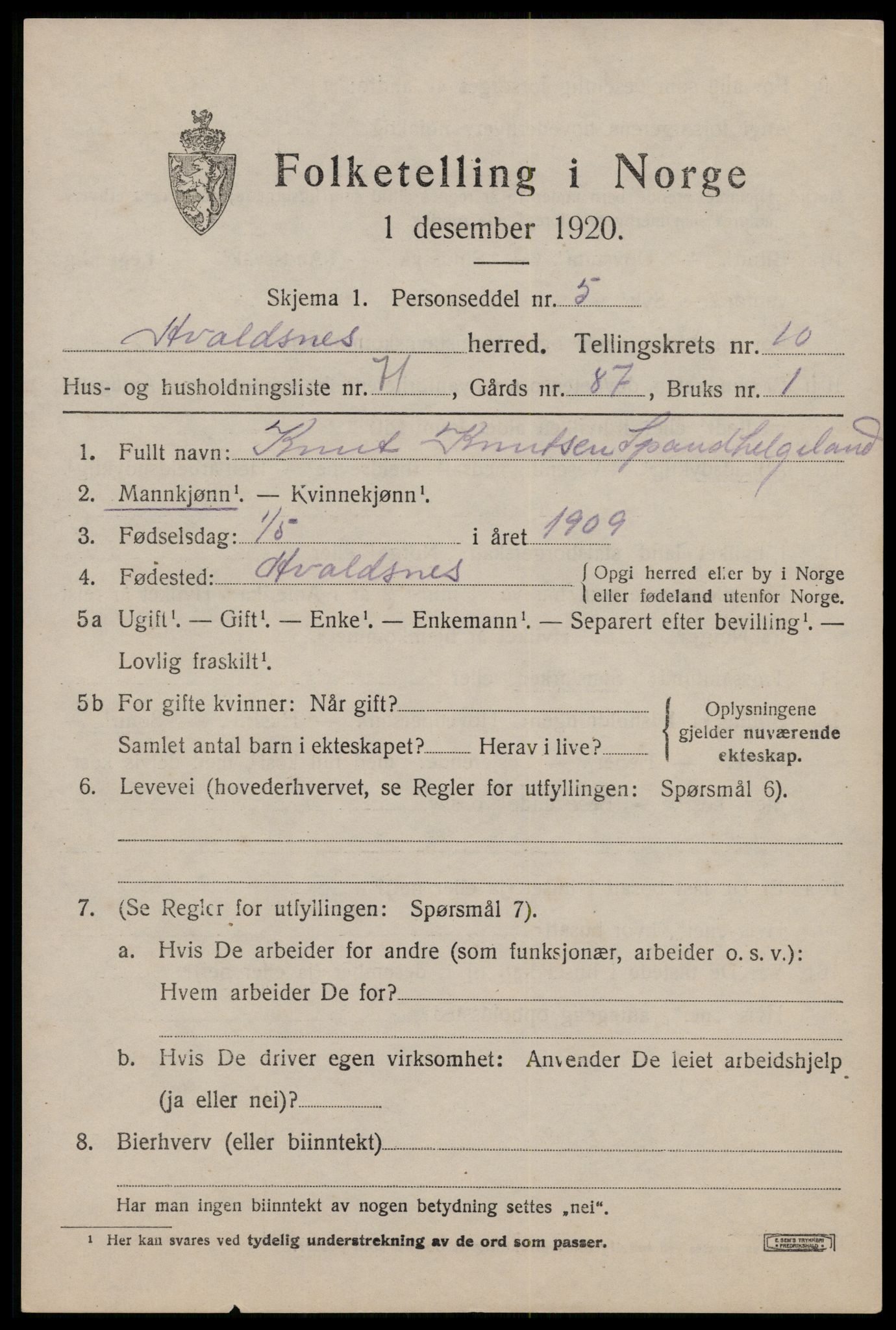 SAST, 1920 census for Avaldsnes, 1920, p. 8161