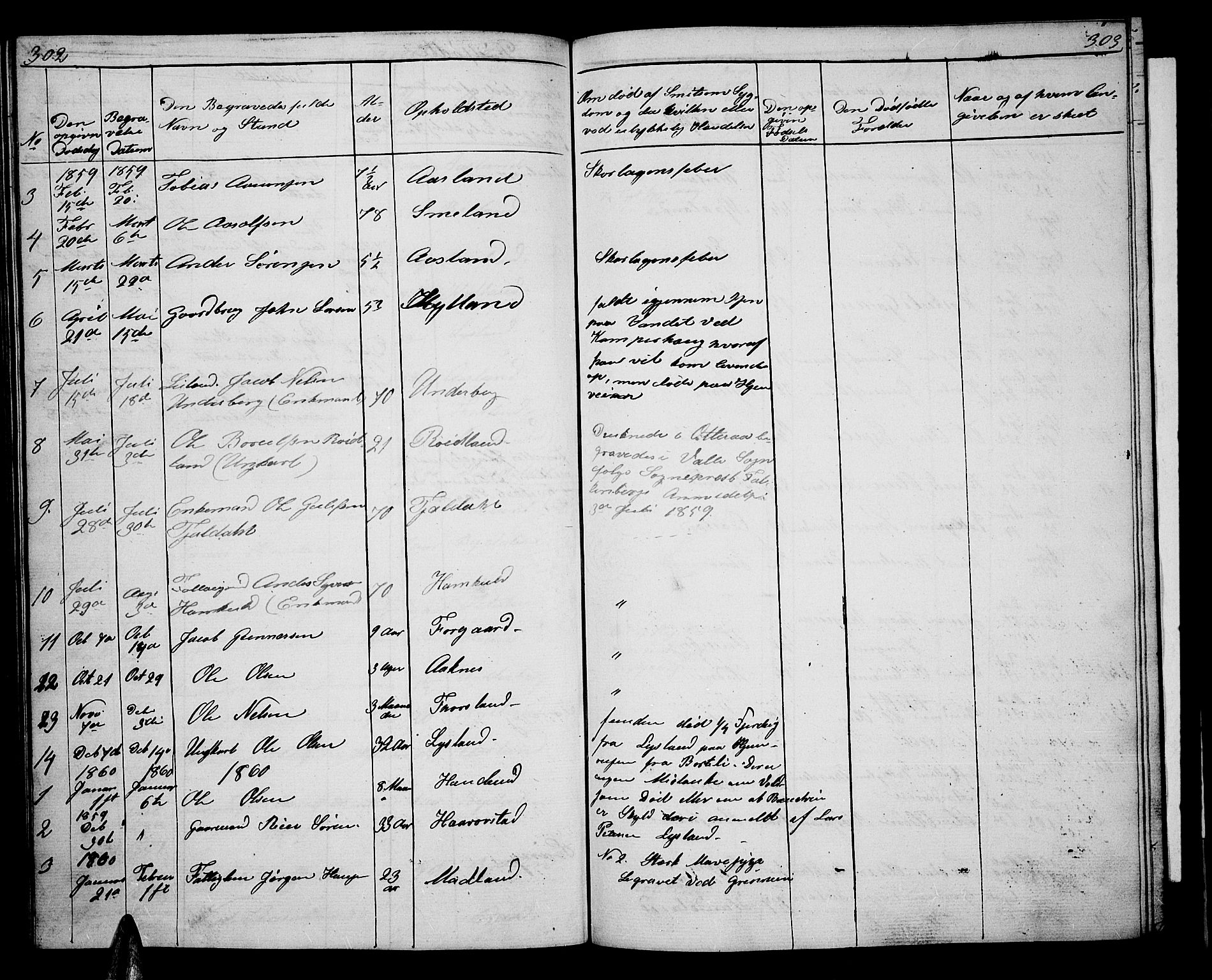 Åseral sokneprestkontor, AV/SAK-1111-0051/F/Fb/L0001: Parish register (copy) no. B 1, 1856-1877, p. 302-303