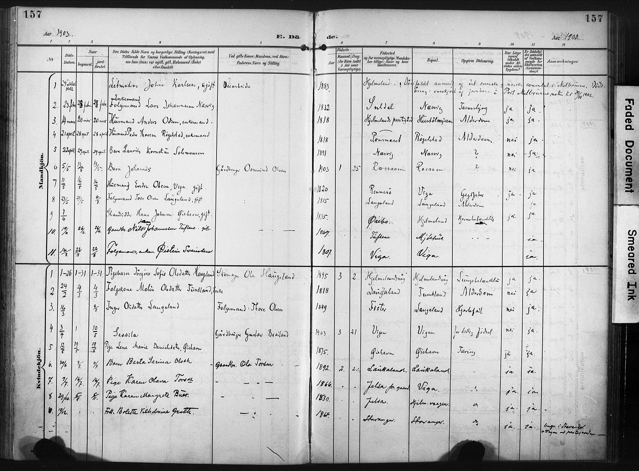 Hjelmeland sokneprestkontor, SAST/A-101843/02/A/L0002: Parish register (official) no. A 17, 1901-1916, p. 157