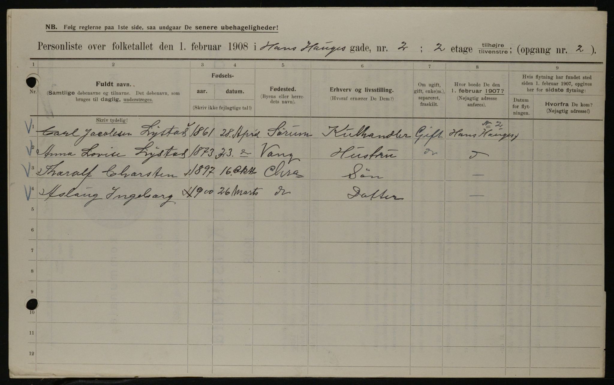 OBA, Municipal Census 1908 for Kristiania, 1908, p. 31305