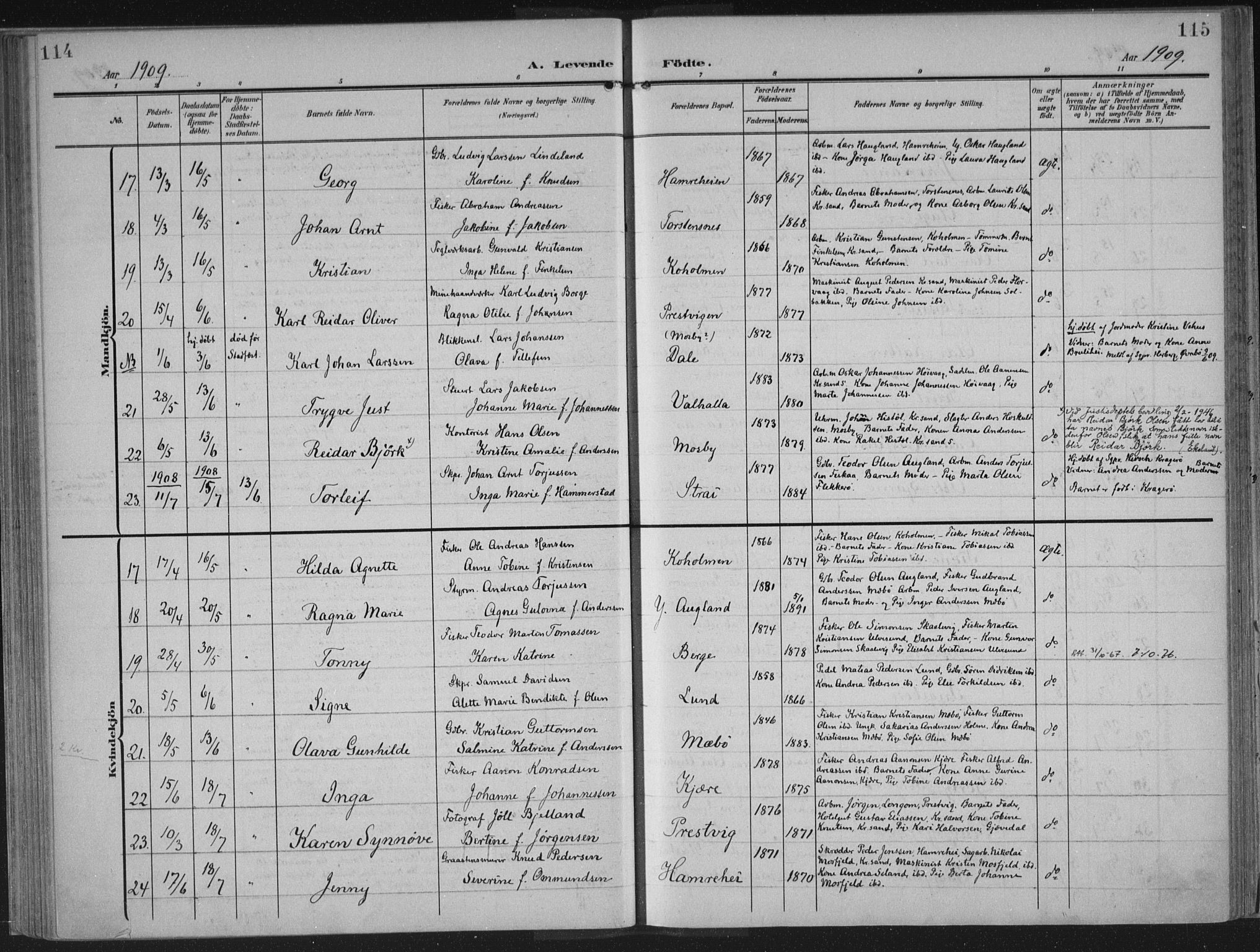 Oddernes sokneprestkontor, AV/SAK-1111-0033/F/Fa/Faa/L0011: Parish register (official) no. A 11, 1904-1911, p. 114-115