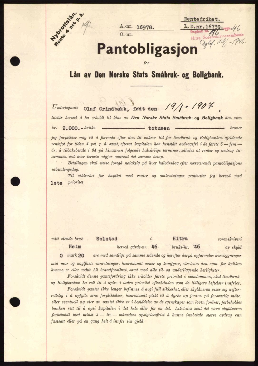 Hitra sorenskriveri, AV/SAT-A-0018/2/2C/2Ca: Mortgage book no. B1, 1939-1949, Diary no: : 36/1946