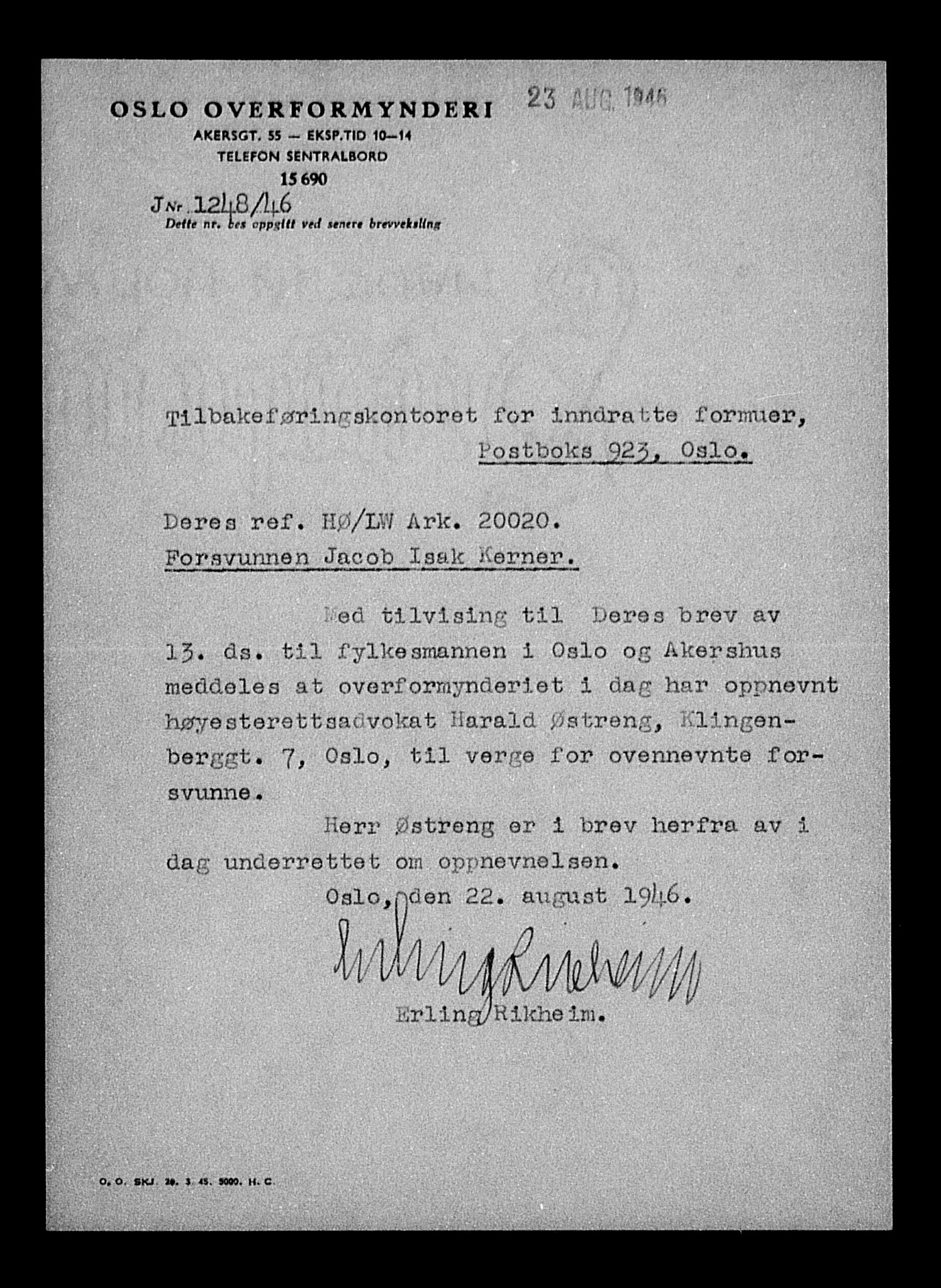 Justisdepartementet, Tilbakeføringskontoret for inndratte formuer, AV/RA-S-1564/H/Hc/Hcc/L0951: --, 1945-1947, p. 284