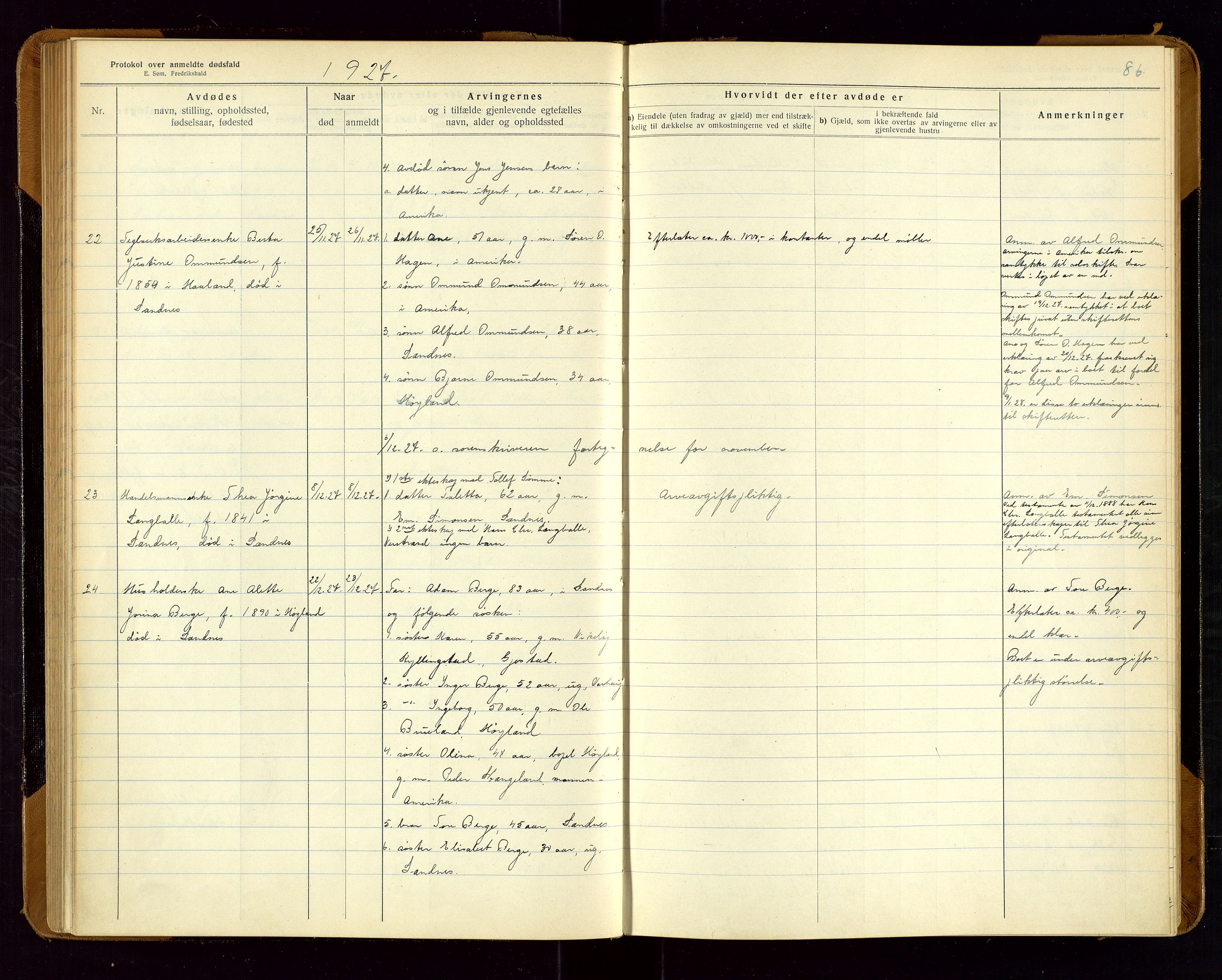 Sandnes lensmannskontor, SAST/A-100167/Gga/L0001: "Protokol over anmeldte dødsfald" m/register, 1918-1940, p. 86