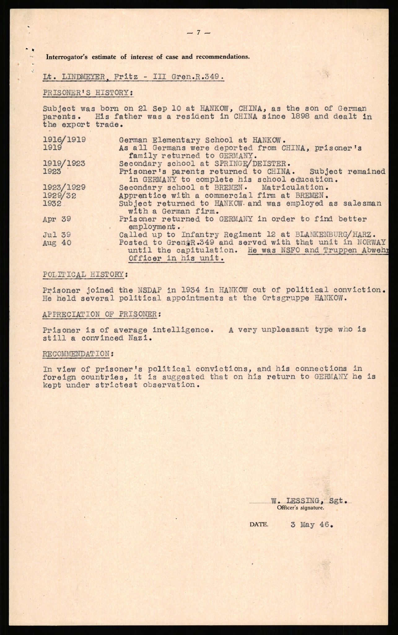 Forsvaret, Forsvarets overkommando II, AV/RA-RAFA-3915/D/Db/L0020: CI Questionaires. Tyske okkupasjonsstyrker i Norge. Tyskere., 1945-1946, p. 190