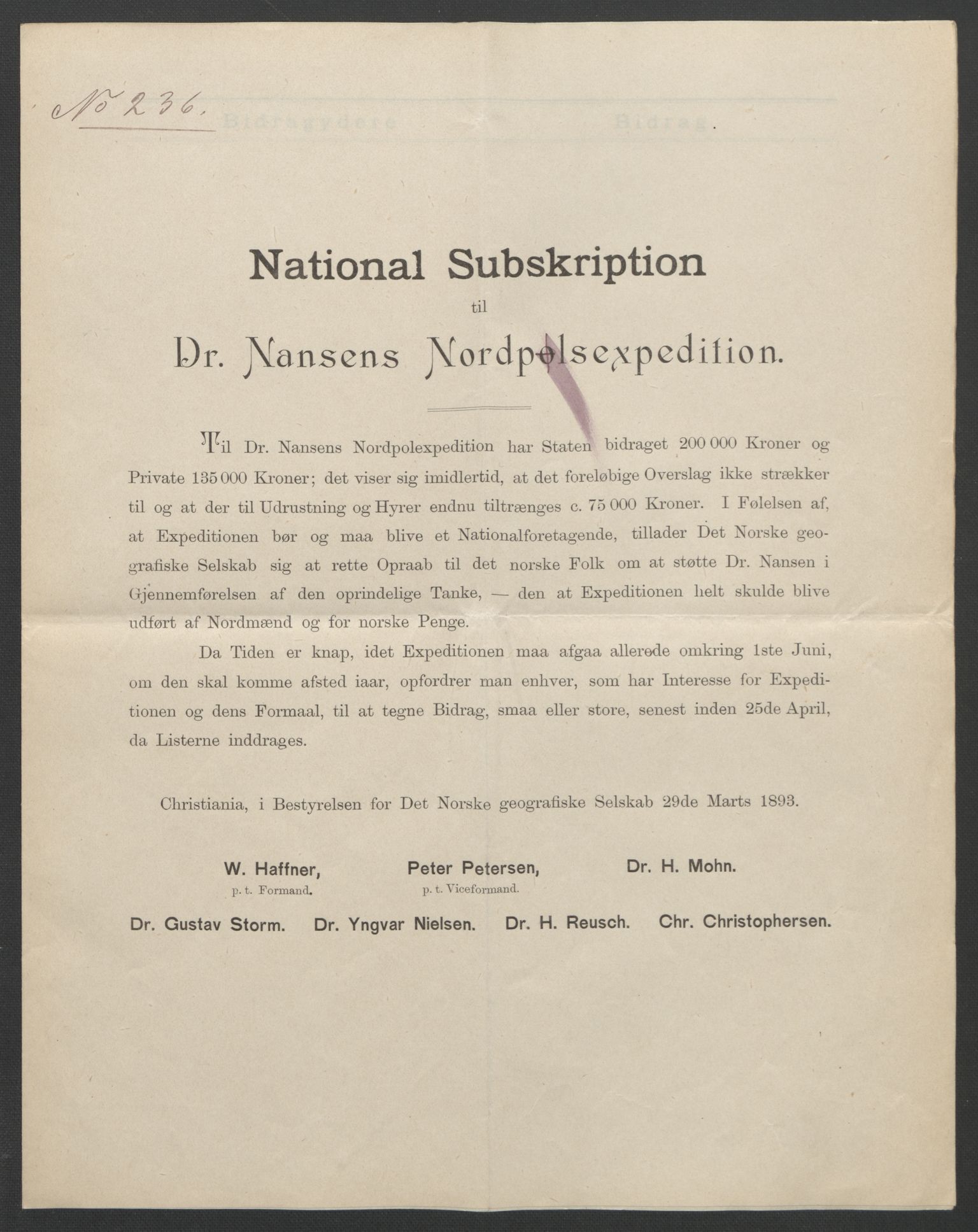 Arbeidskomitéen for Fridtjof Nansens polarekspedisjon, AV/RA-PA-0061/D/L0001/0004: Pengeinnsamlingen / Bidragslister med følgebrev, 1893, p. 22