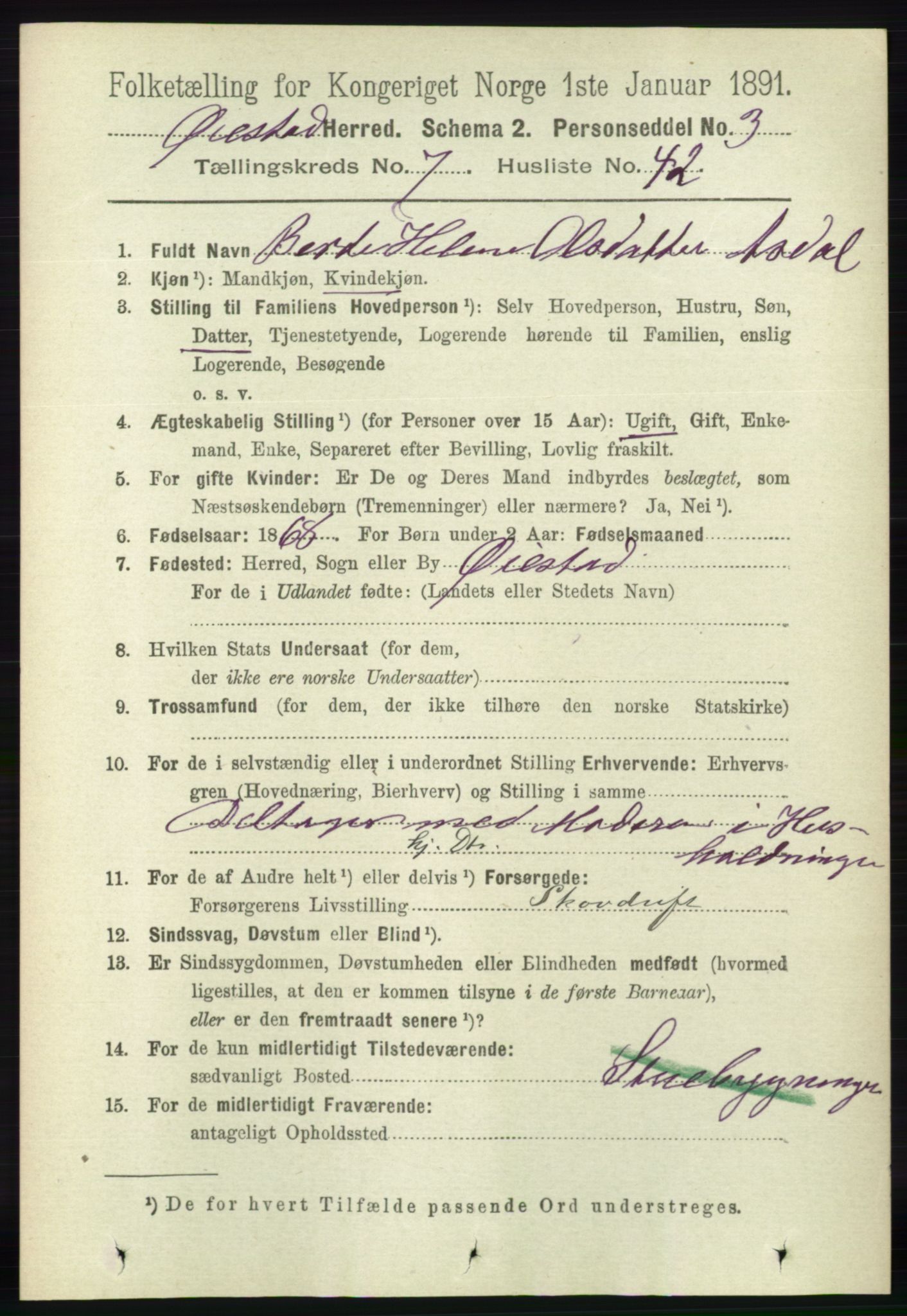 RA, 1891 census for 0920 Øyestad, 1891, p. 2896