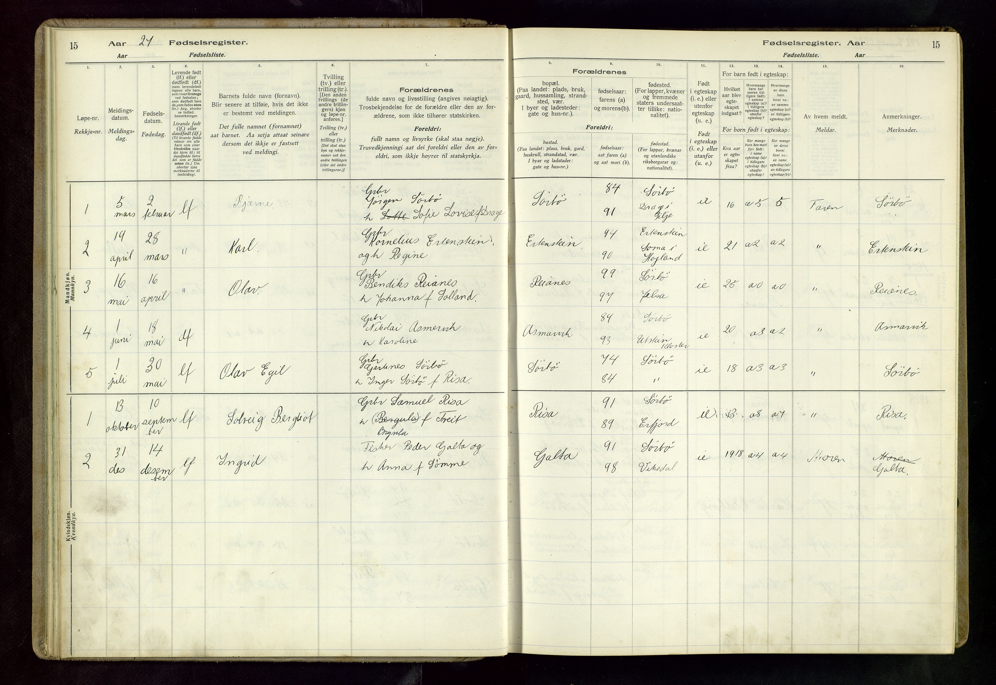 Rennesøy sokneprestkontor, AV/SAST-A -101827/I/Id/L0003: Birth register no. 3, 1916-1982, p. 15