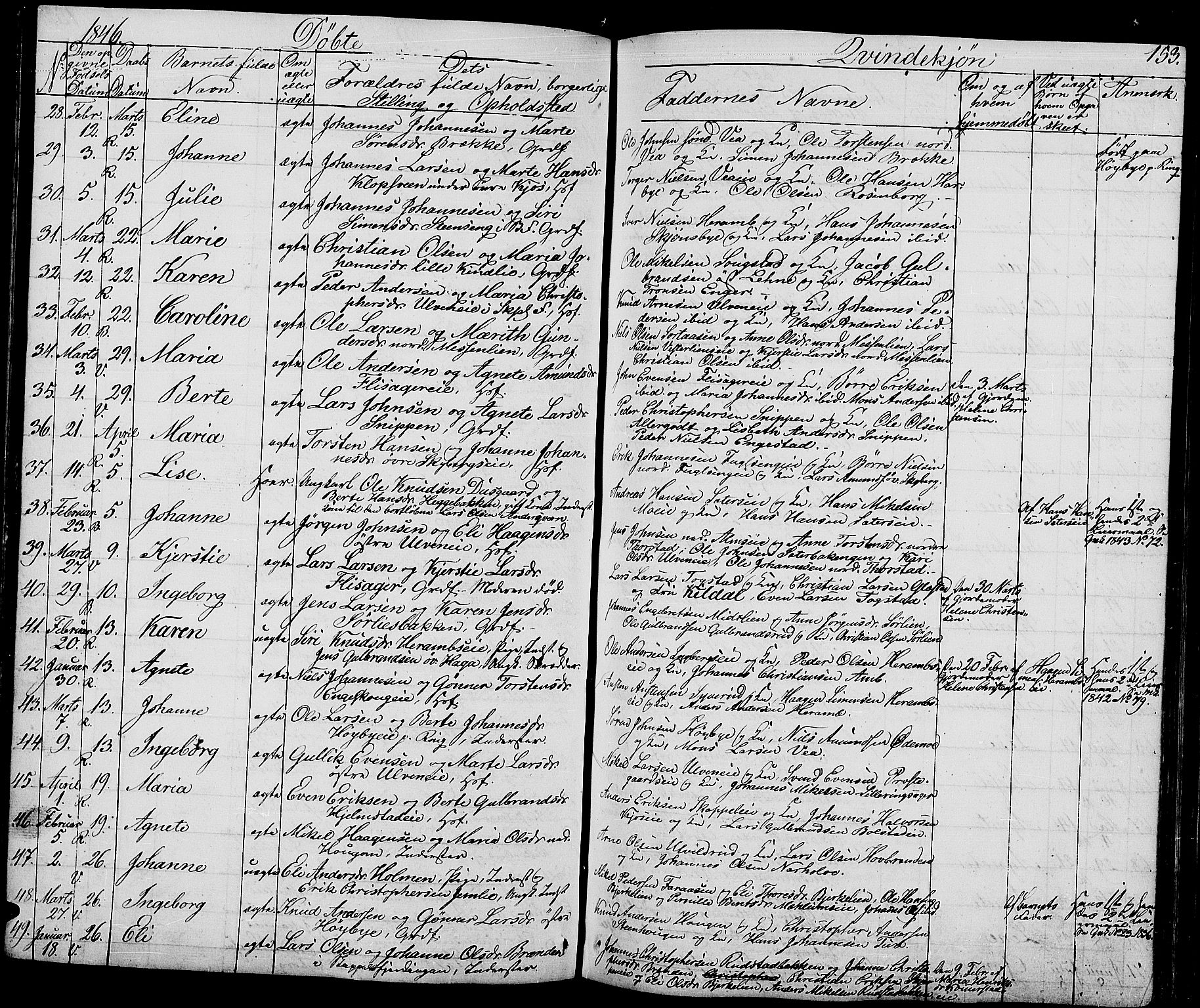 Ringsaker prestekontor, AV/SAH-PREST-014/L/La/L0005: Parish register (copy) no. 5, 1839-1850, p. 153