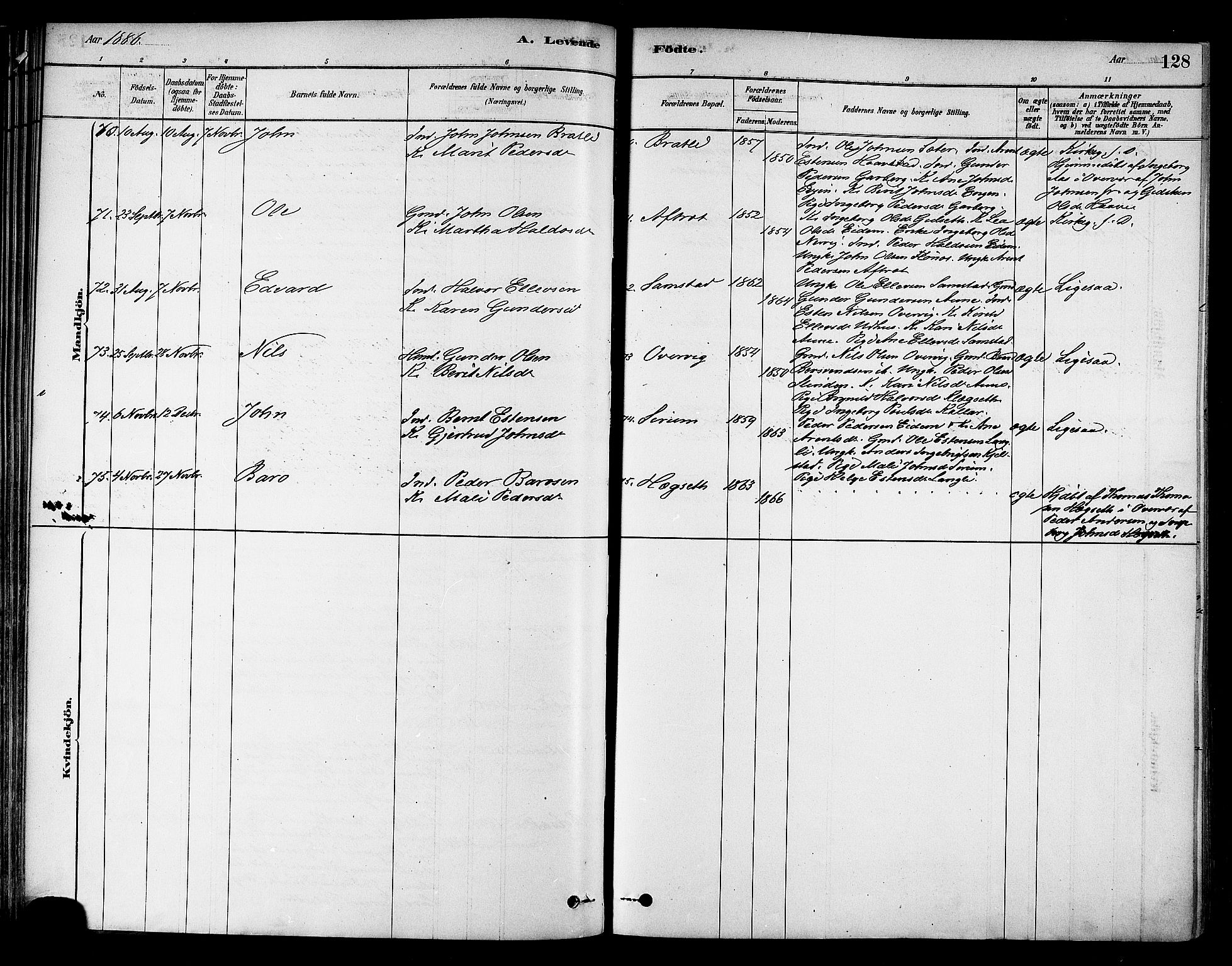 Ministerialprotokoller, klokkerbøker og fødselsregistre - Sør-Trøndelag, AV/SAT-A-1456/695/L1148: Parish register (official) no. 695A08, 1878-1891, p. 128