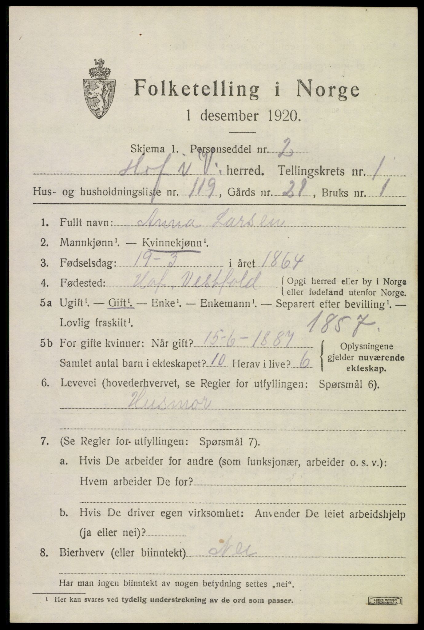 SAKO, 1920 census for Hof, 1920, p. 2359