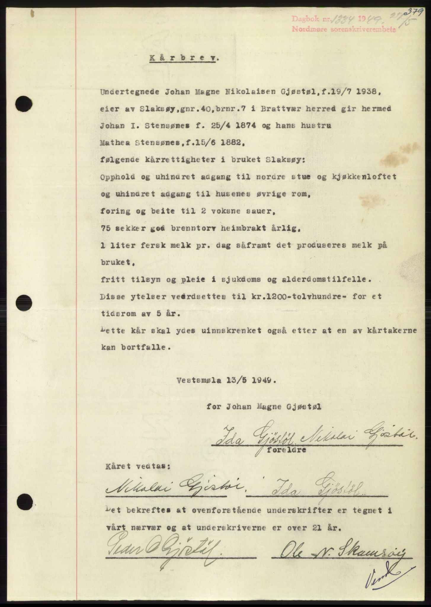 Nordmøre sorenskriveri, AV/SAT-A-4132/1/2/2Ca: Mortgage book no. B101, 1949-1949, Diary no: : 1334/1949