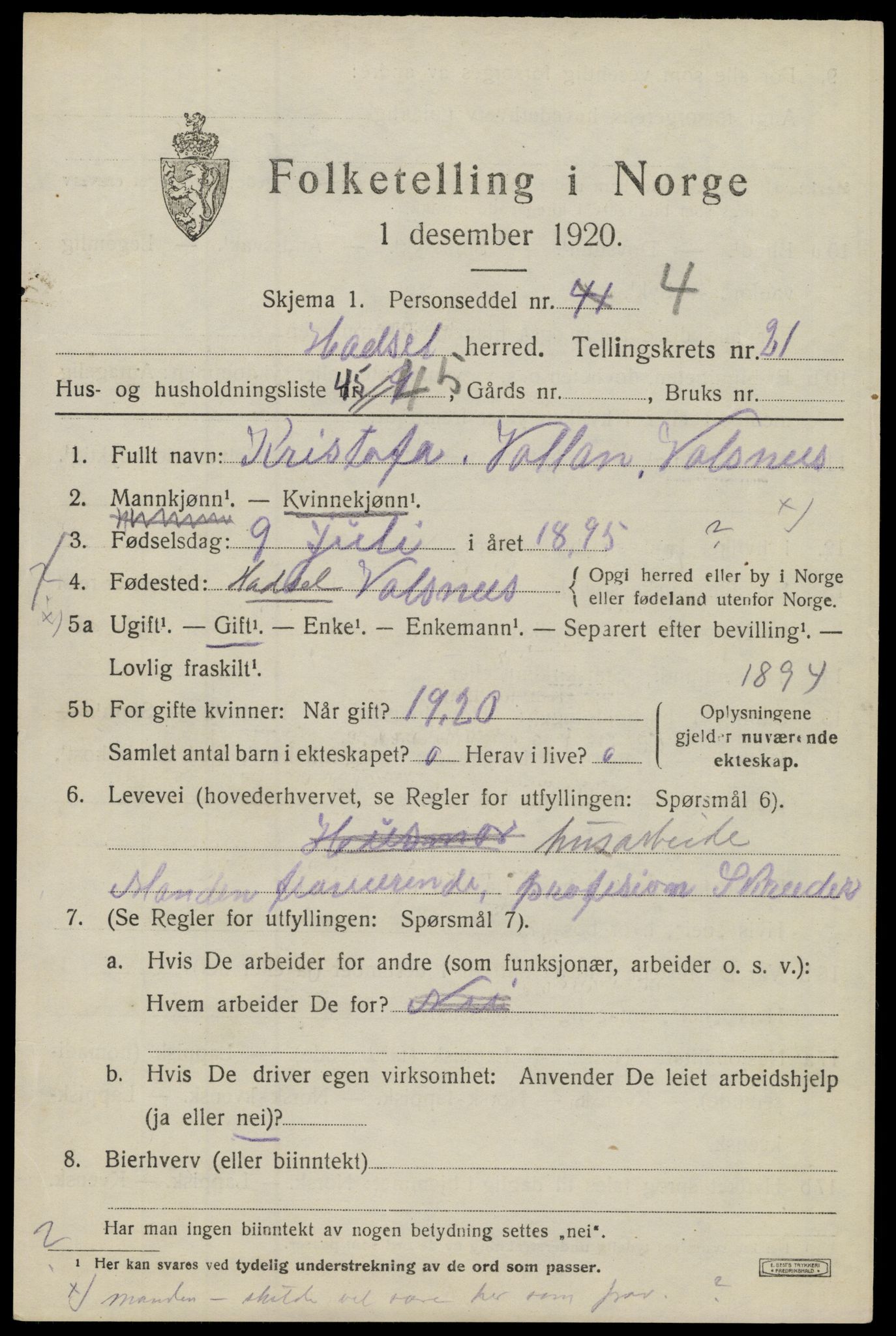 SAT, 1920 census for Hadsel, 1920, p. 19912