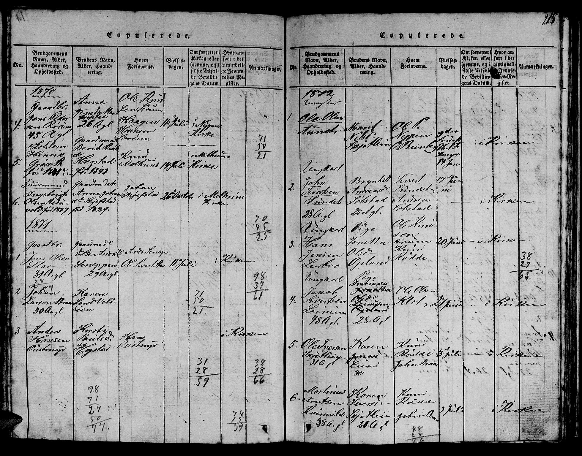 Ministerialprotokoller, klokkerbøker og fødselsregistre - Sør-Trøndelag, SAT/A-1456/613/L0393: Parish register (copy) no. 613C01, 1816-1886, p. 215