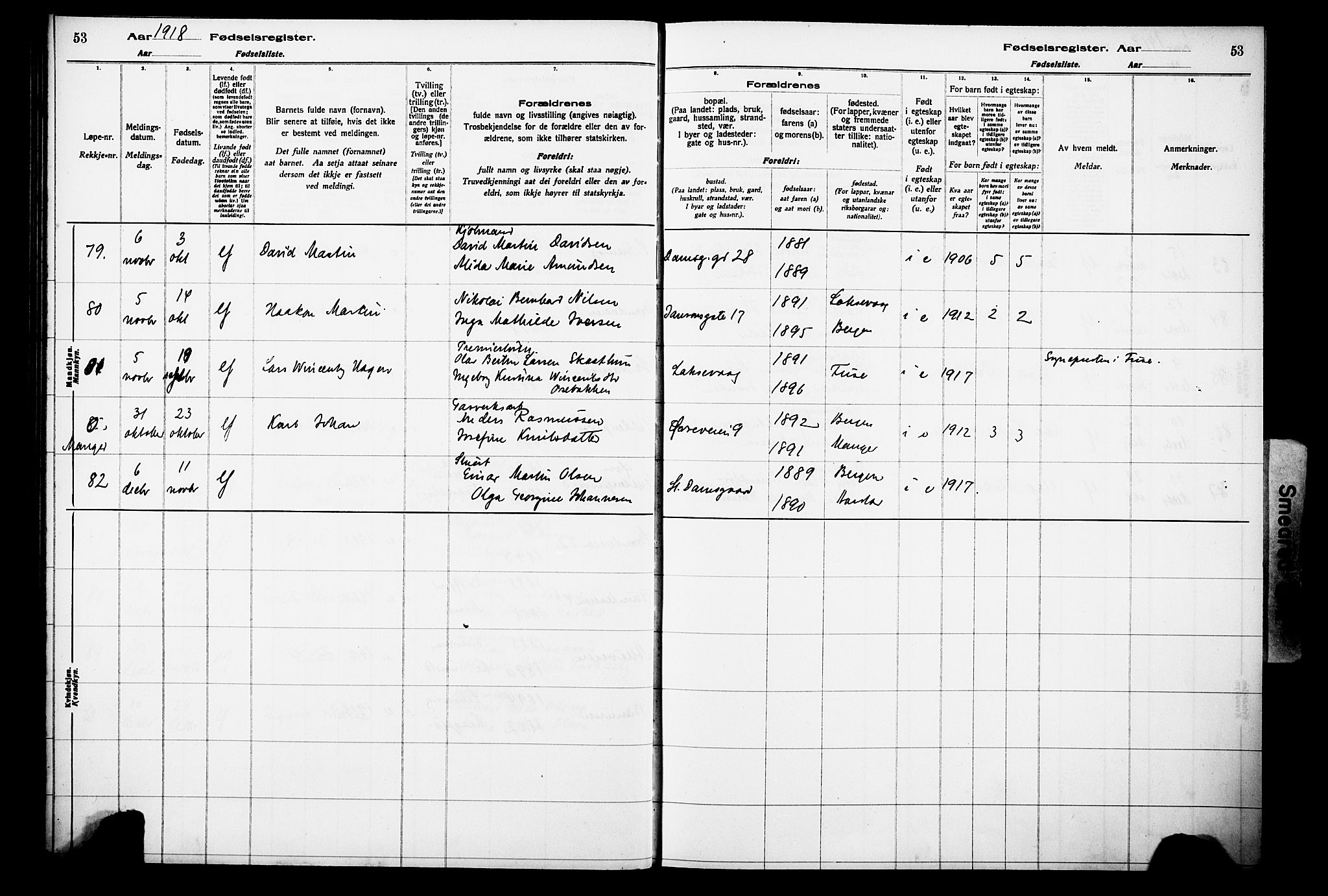 Laksevåg Sokneprestembete, AV/SAB-A-76501/I/Id/L00A1: Birth register no. A 1, 1916-1926, p. 53