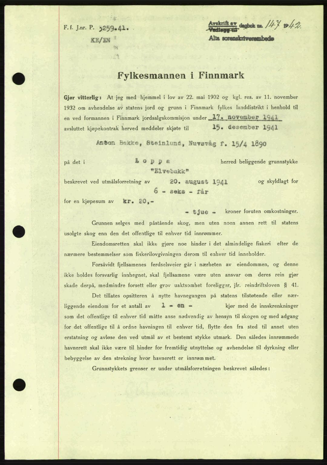 Alta fogderi/sorenskriveri, SATØ/SATØ-5/1/K/Kd/L0033pantebok: Mortgage book no. 33, 1940-1943, Diary no: : 147/1942