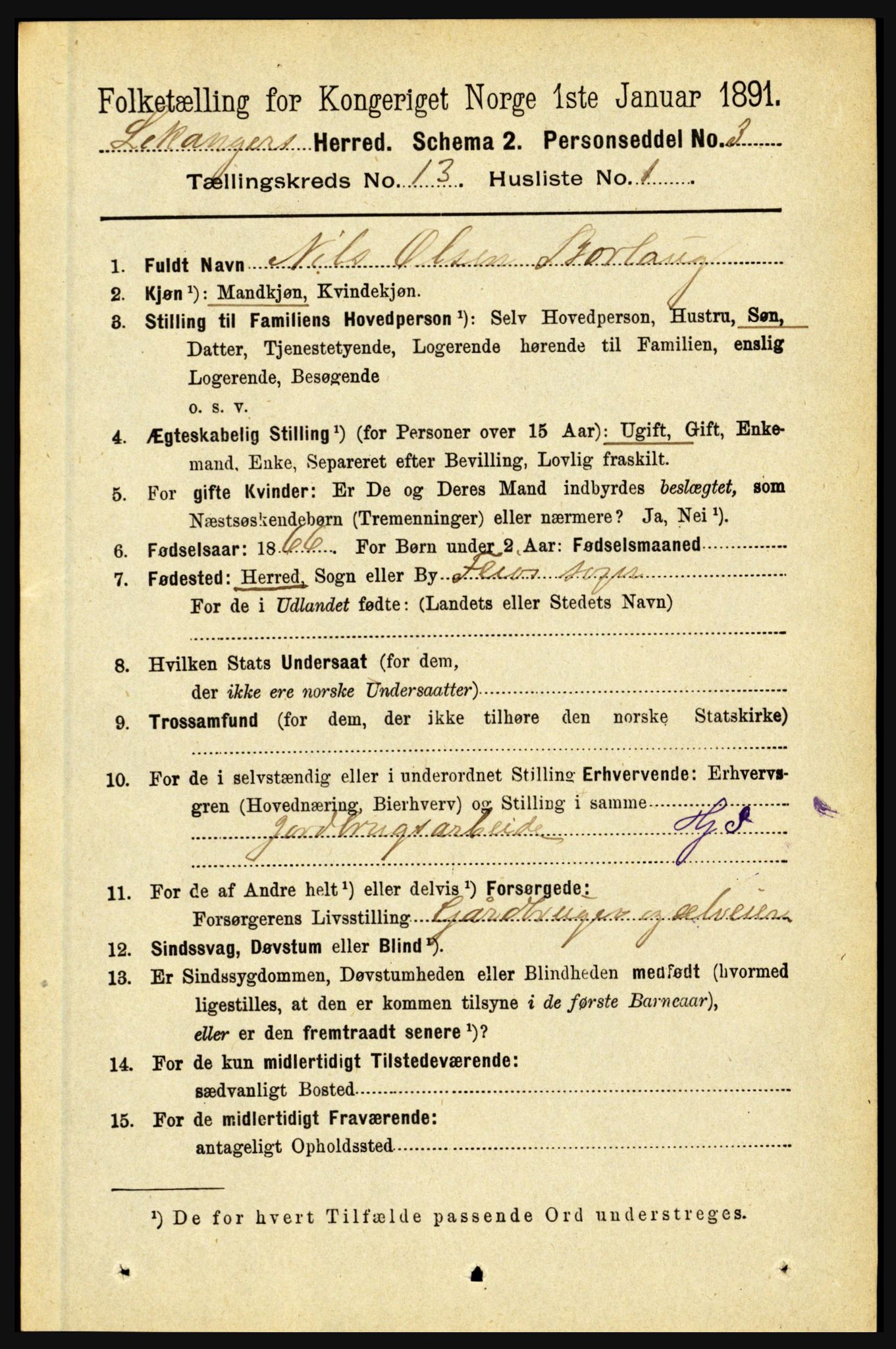 RA, 1891 census for 1419 Leikanger, 1891, p. 2457