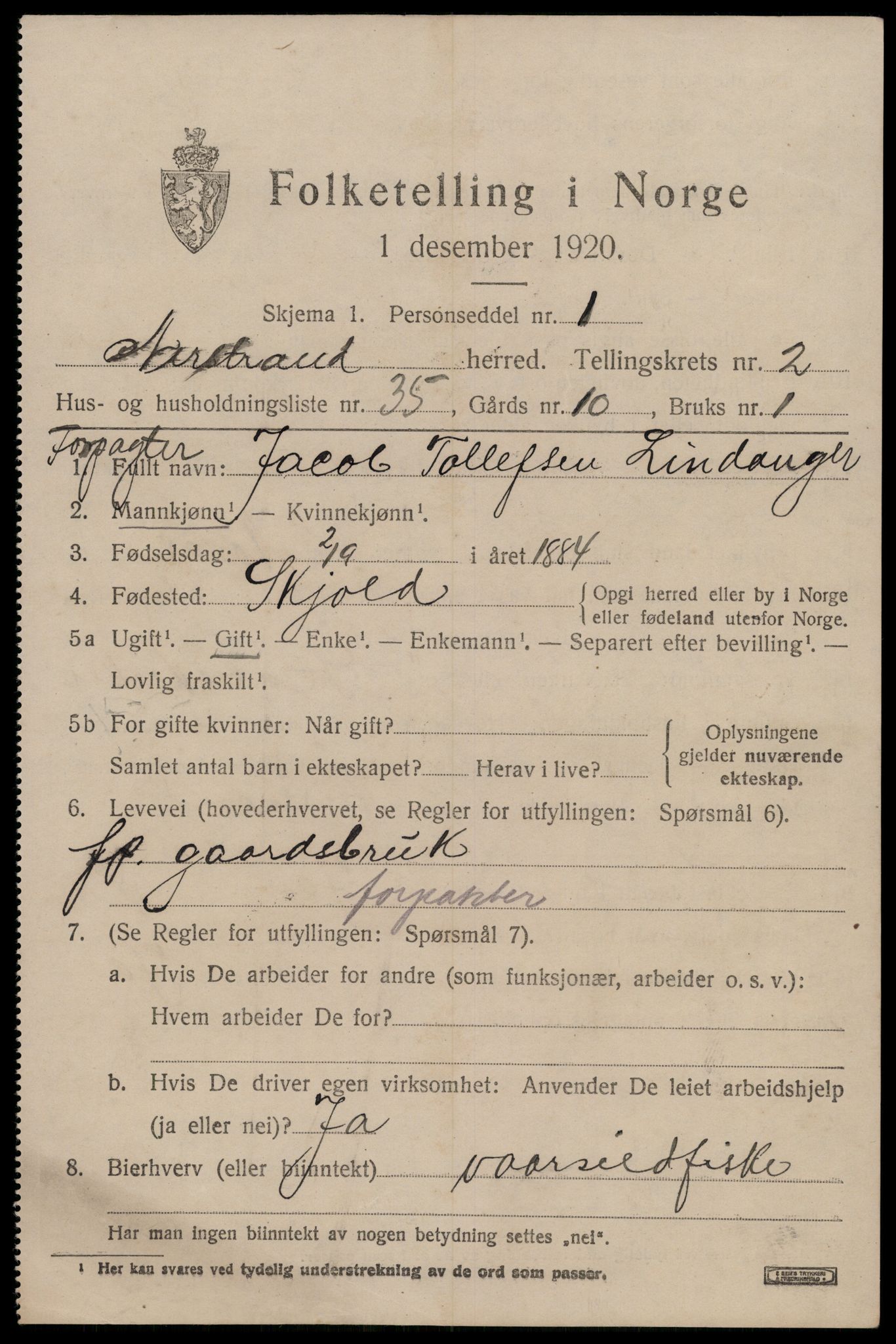 SAST, 1920 census for Nedstrand, 1920, p. 1331