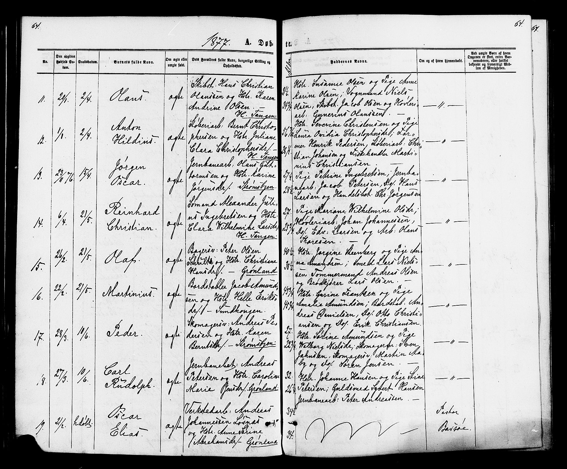 Strømsø kirkebøker, AV/SAKO-A-246/F/Fa/L0020: Parish register (official) no. I 20, 1870-1878, p. 64