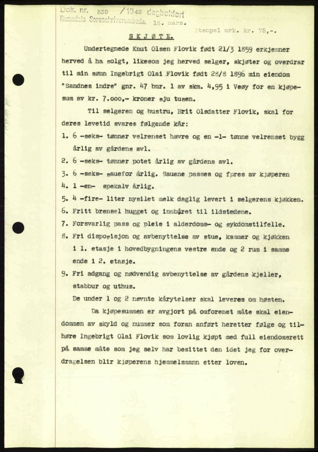 Romsdal sorenskriveri, AV/SAT-A-4149/1/2/2C: Mortgage book no. A12, 1942-1942, Diary no: : 539/1942