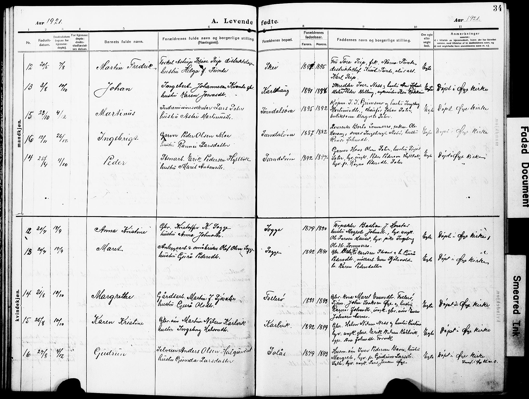 Ministerialprotokoller, klokkerbøker og fødselsregistre - Møre og Romsdal, SAT/A-1454/596/L1059: Parish register (copy) no. 596C02, 1908-1922, p. 34