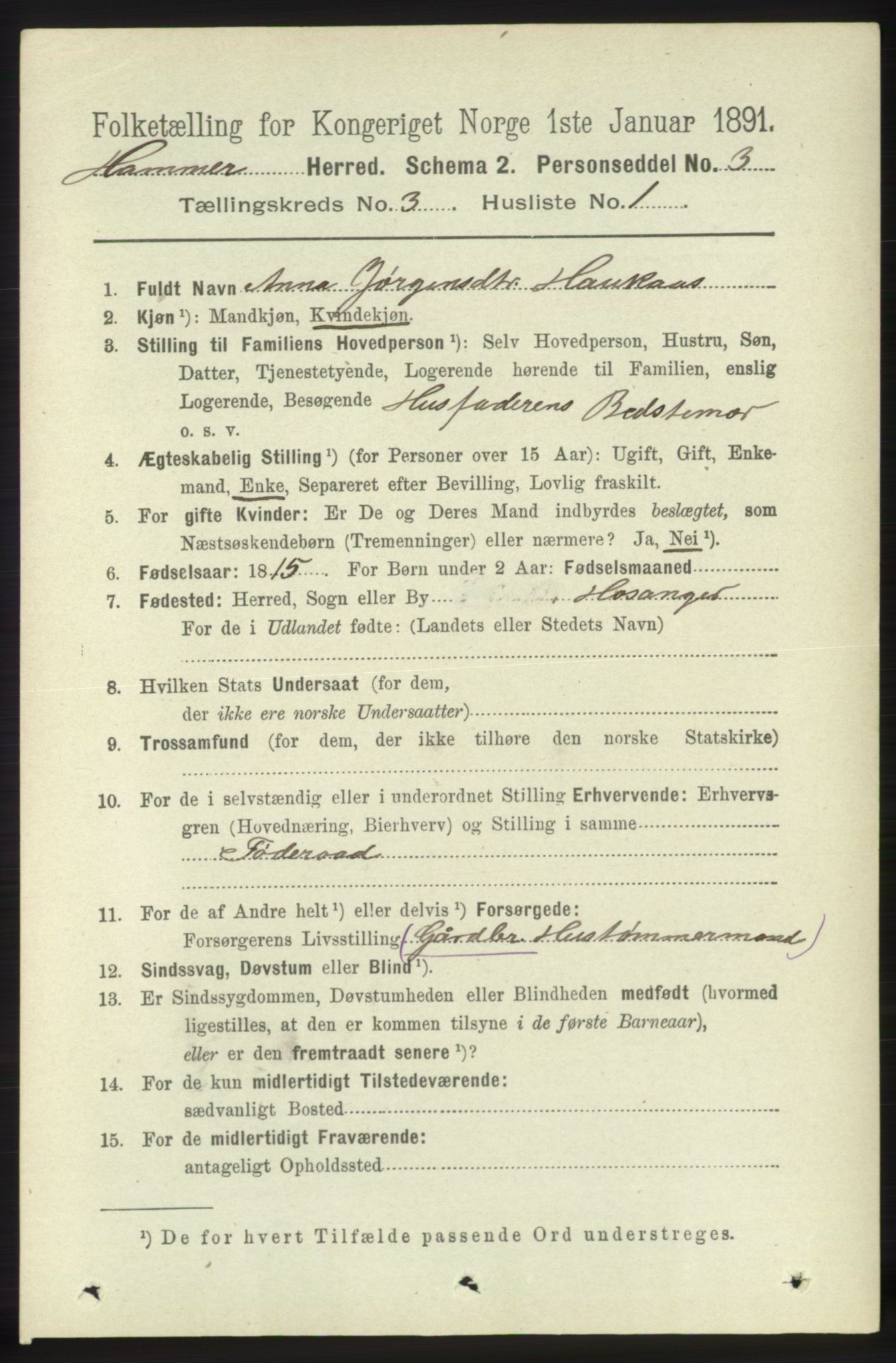 RA, 1891 census for 1254 Hamre, 1891, p. 536